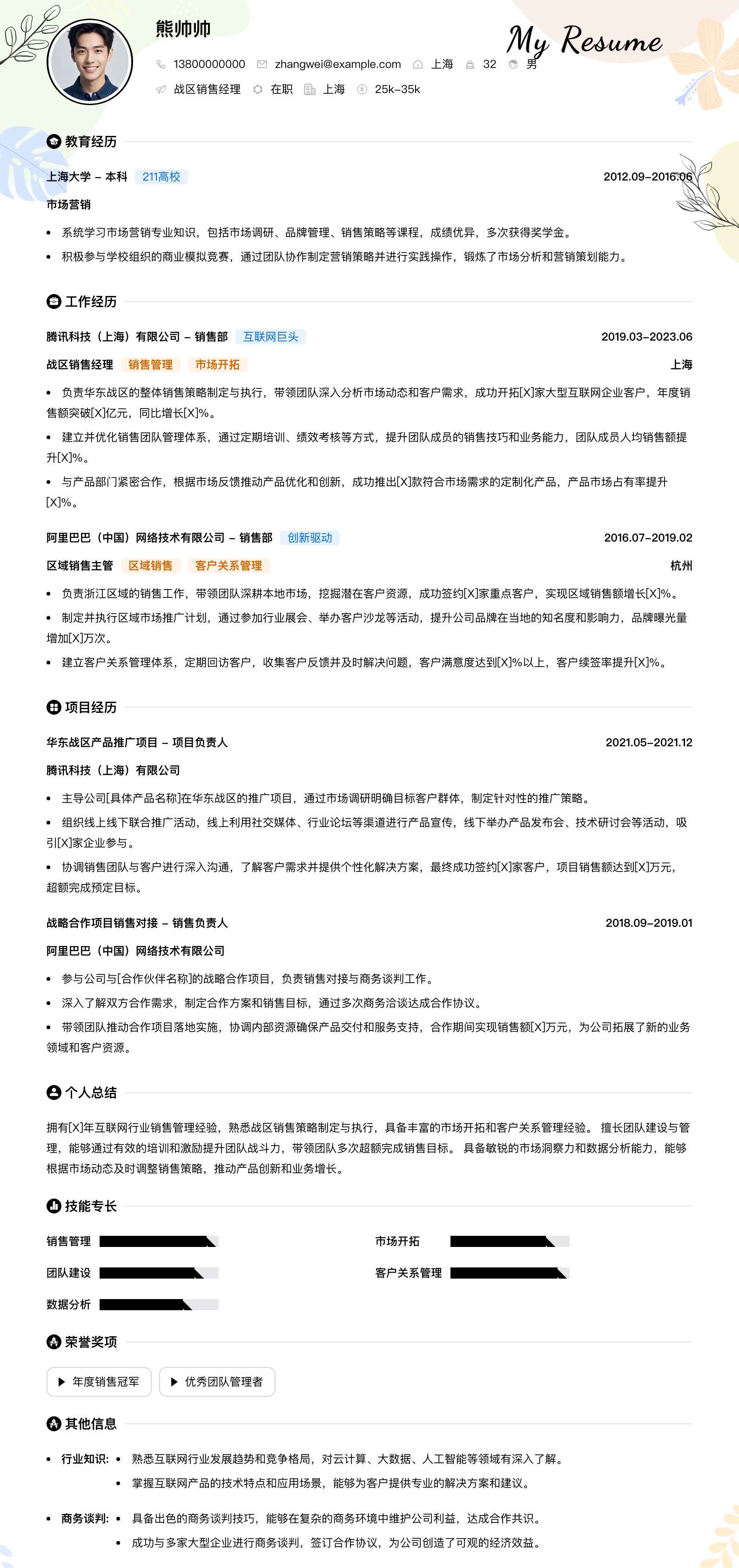 战区销售经理简历模板