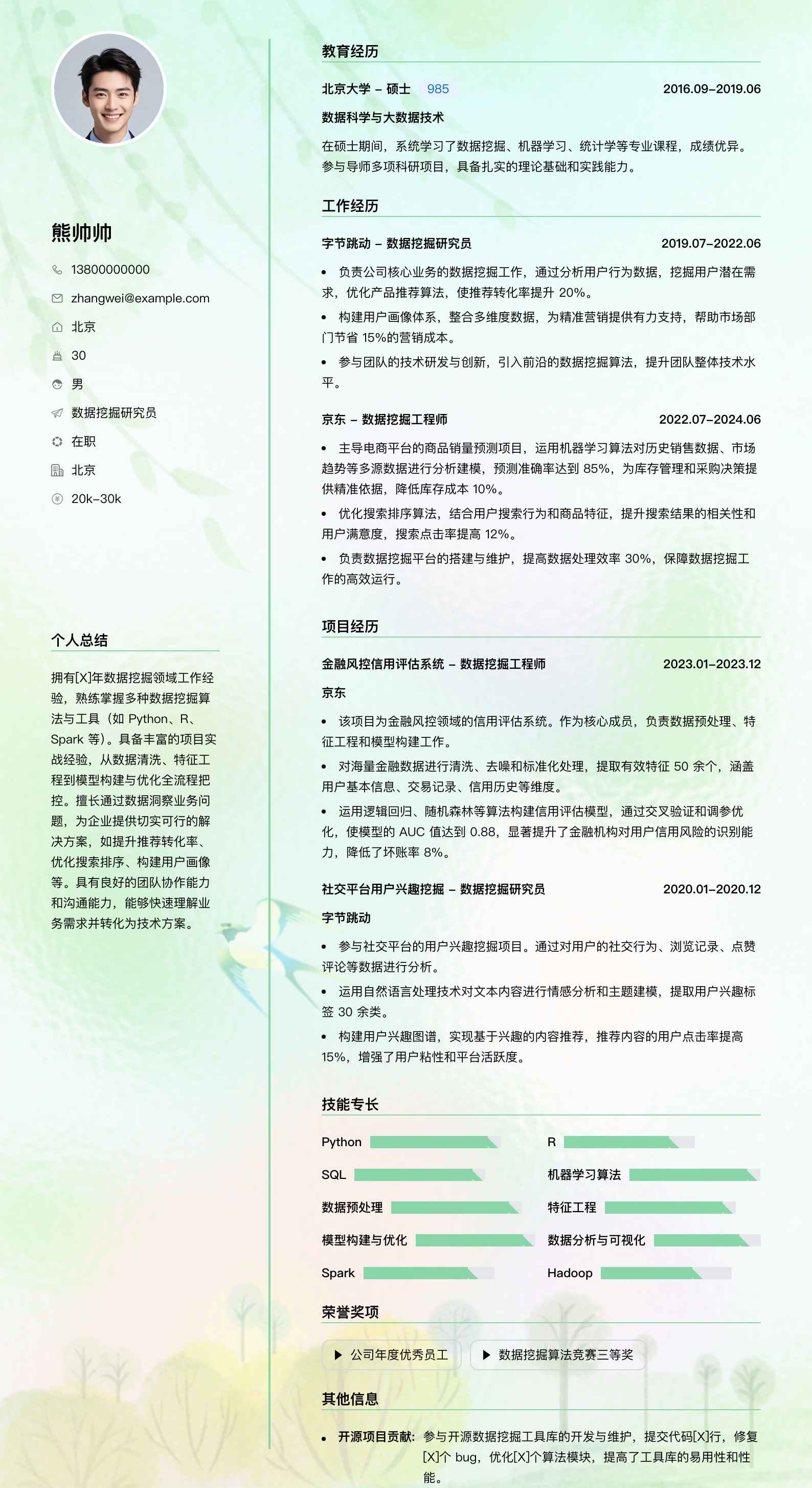 数据挖掘研究员简历模板