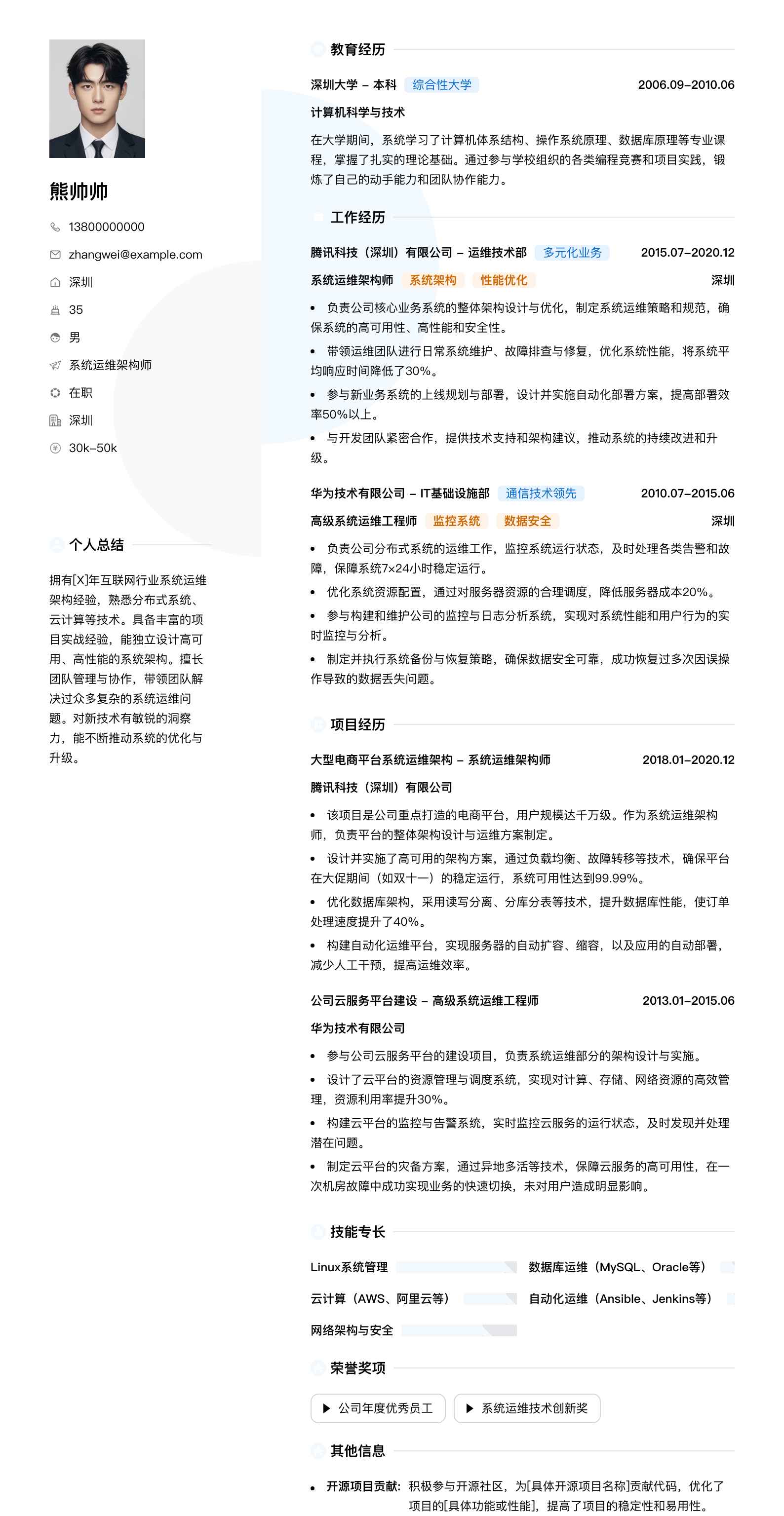 系统运维架构师简历模板