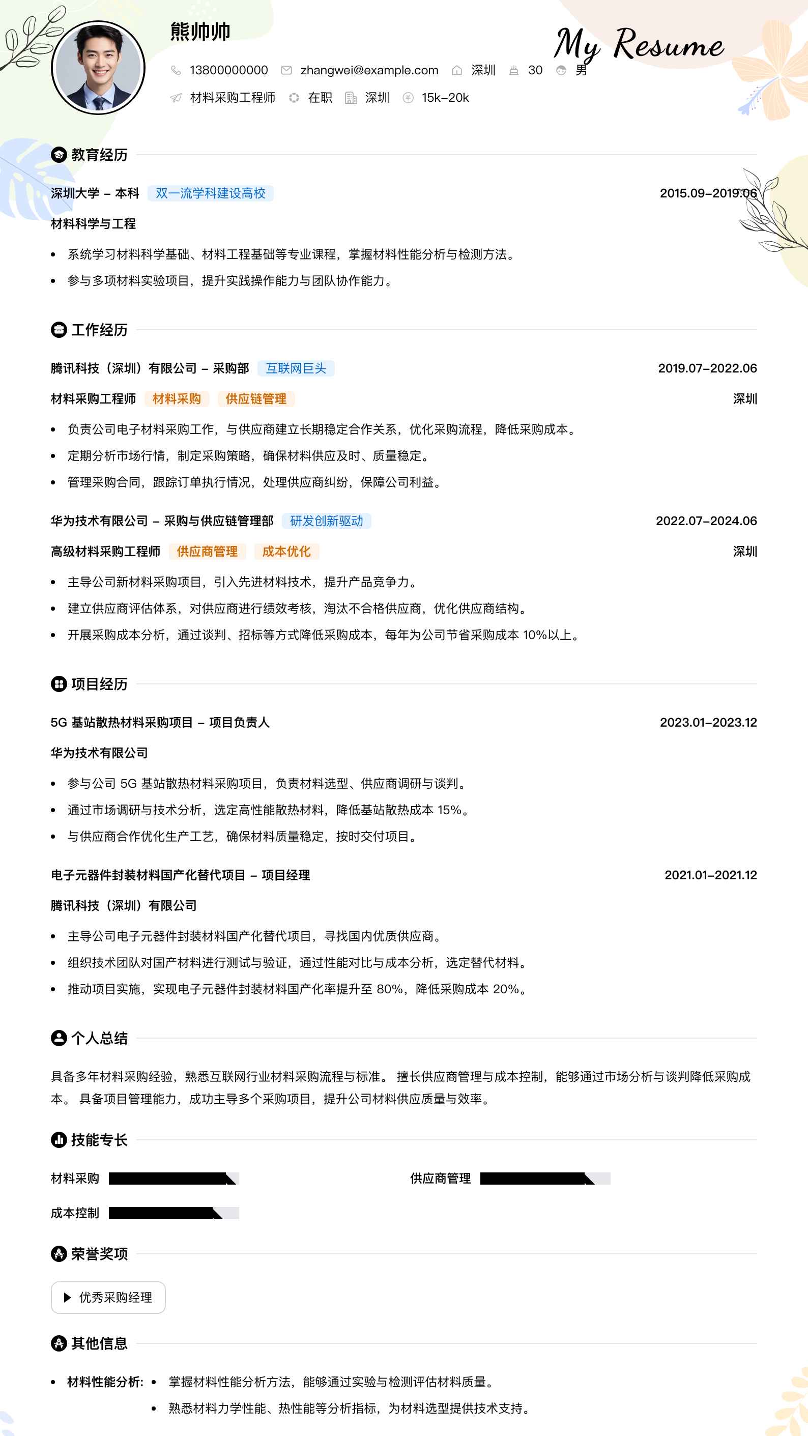 材料采购工程师简历模板