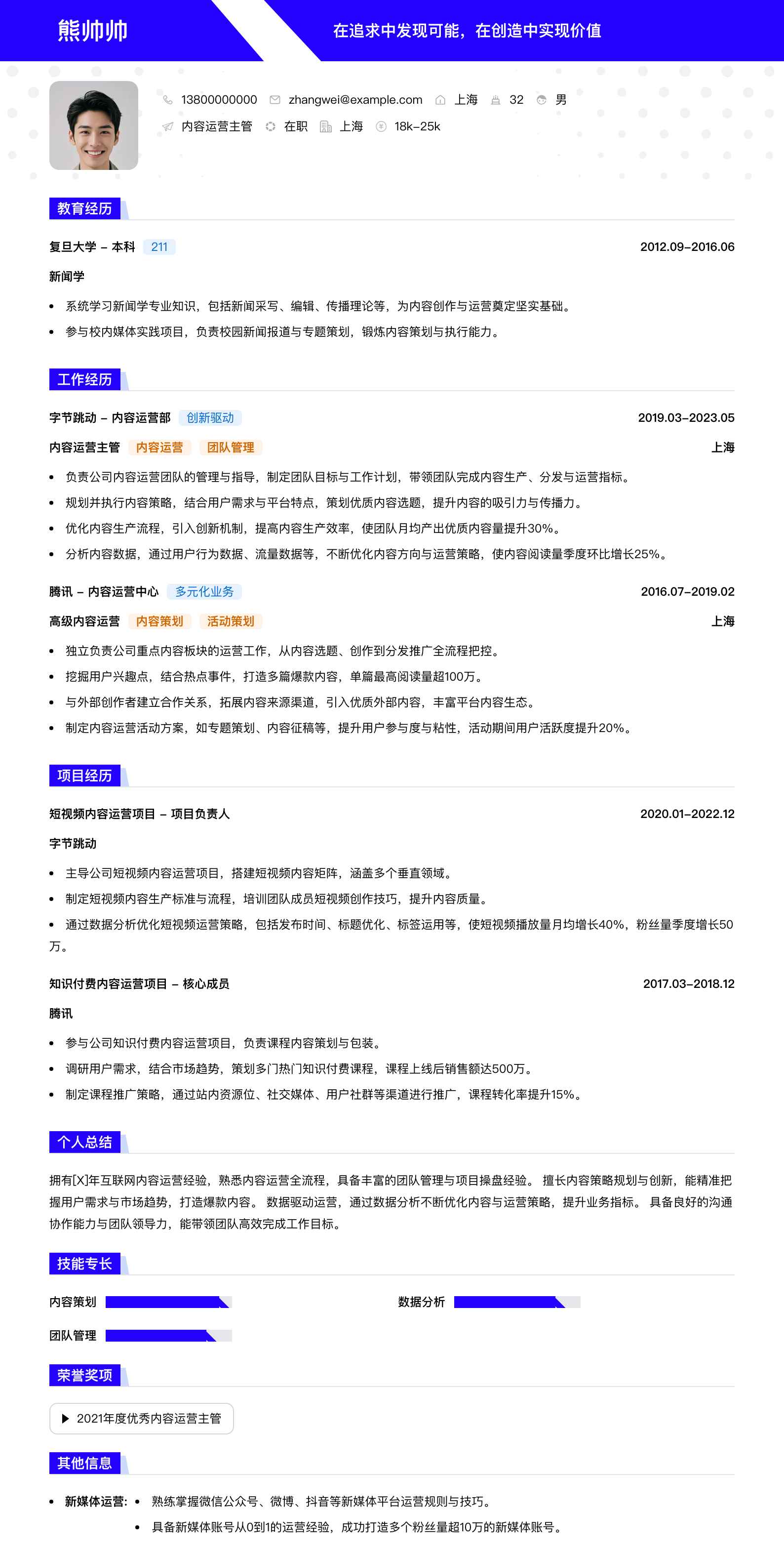 内容运营主管简历模板