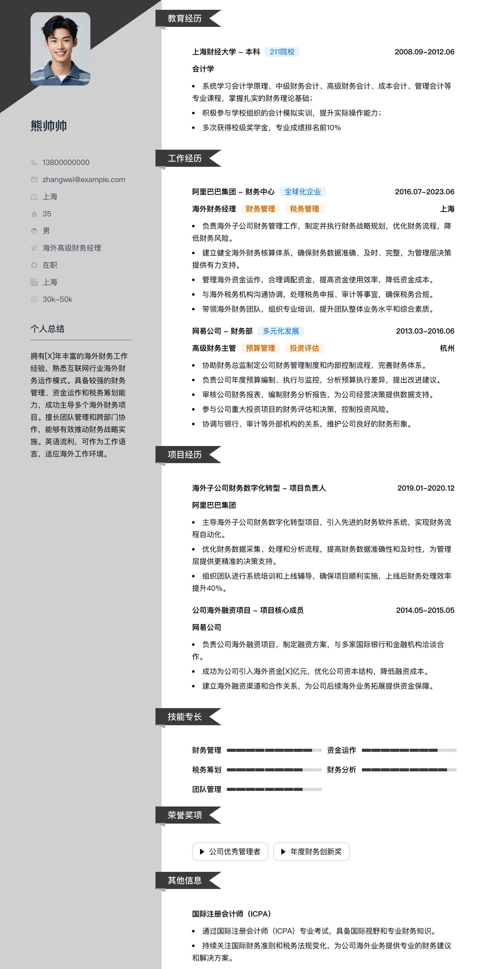 海外高级财务经理简历模板