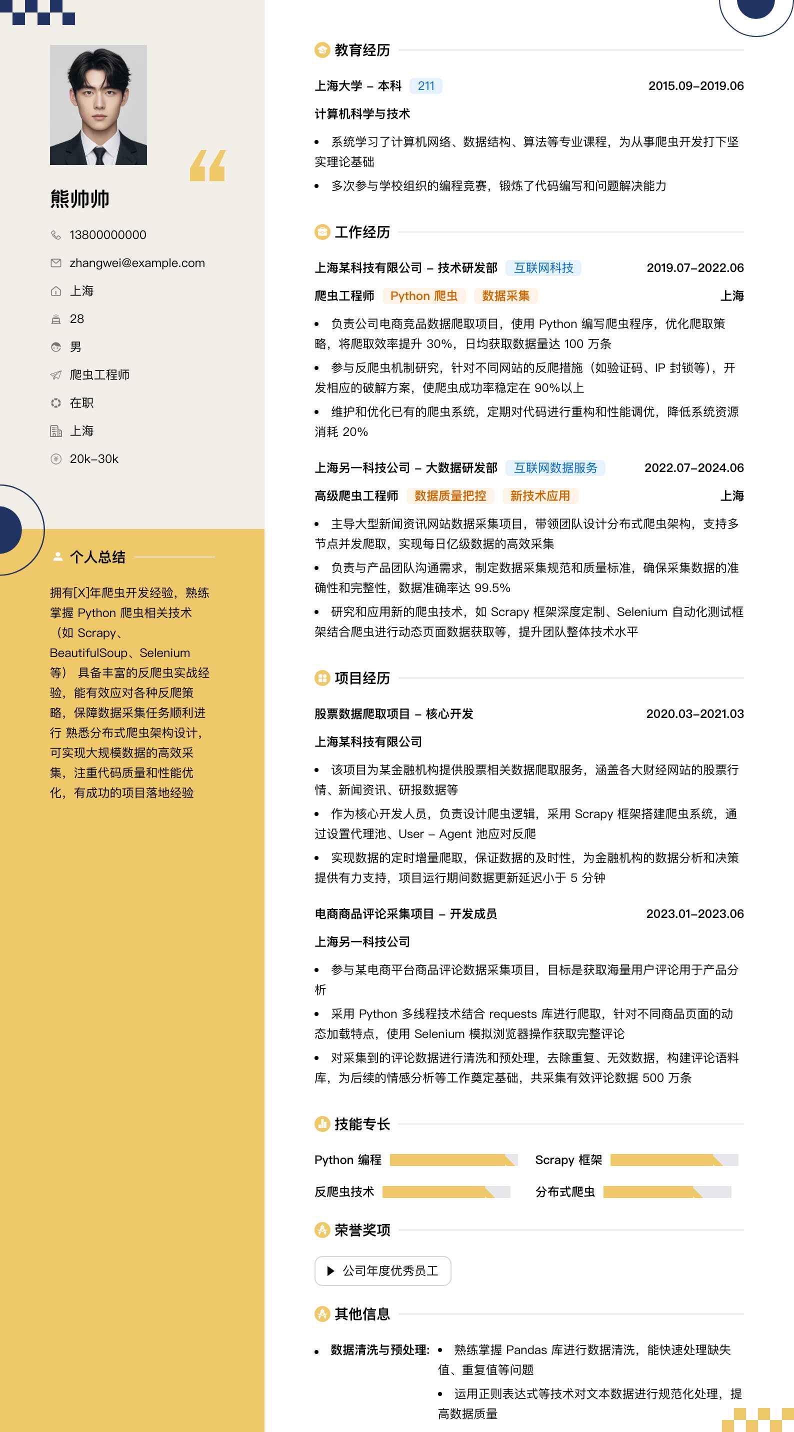 爬虫工程师简历模板