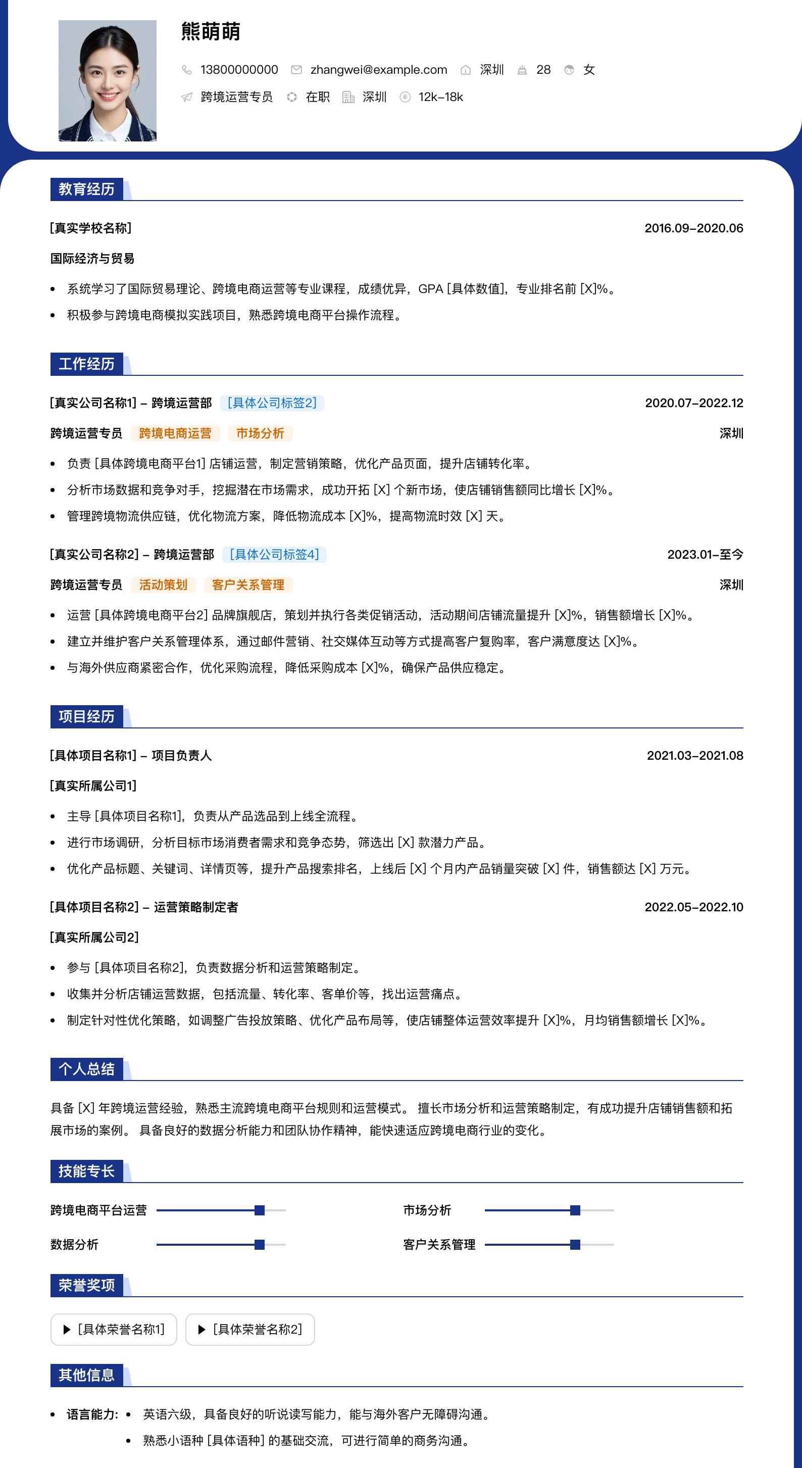 跨境运营专员简历模板