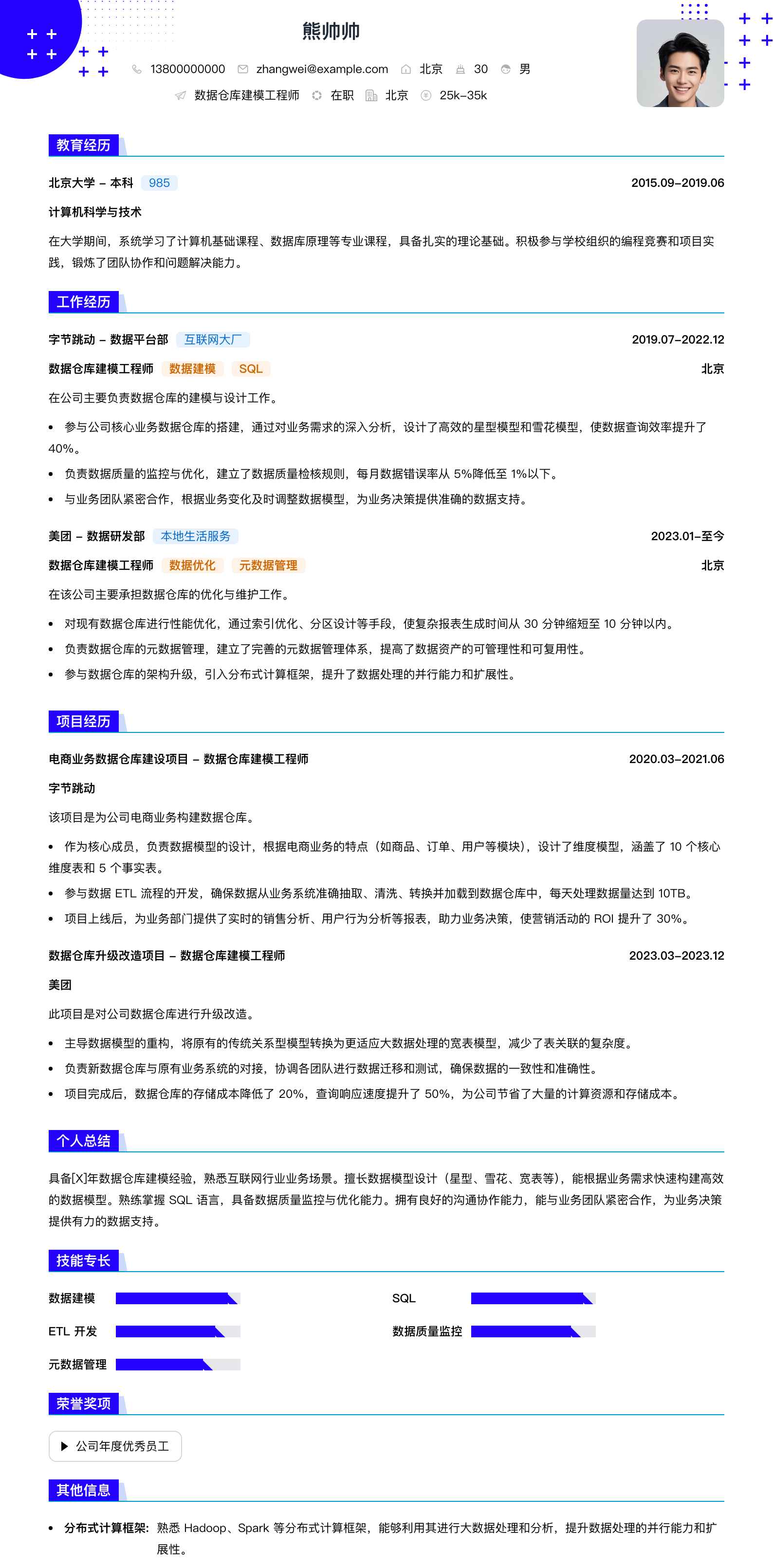 数据仓库建模工程师简历模板