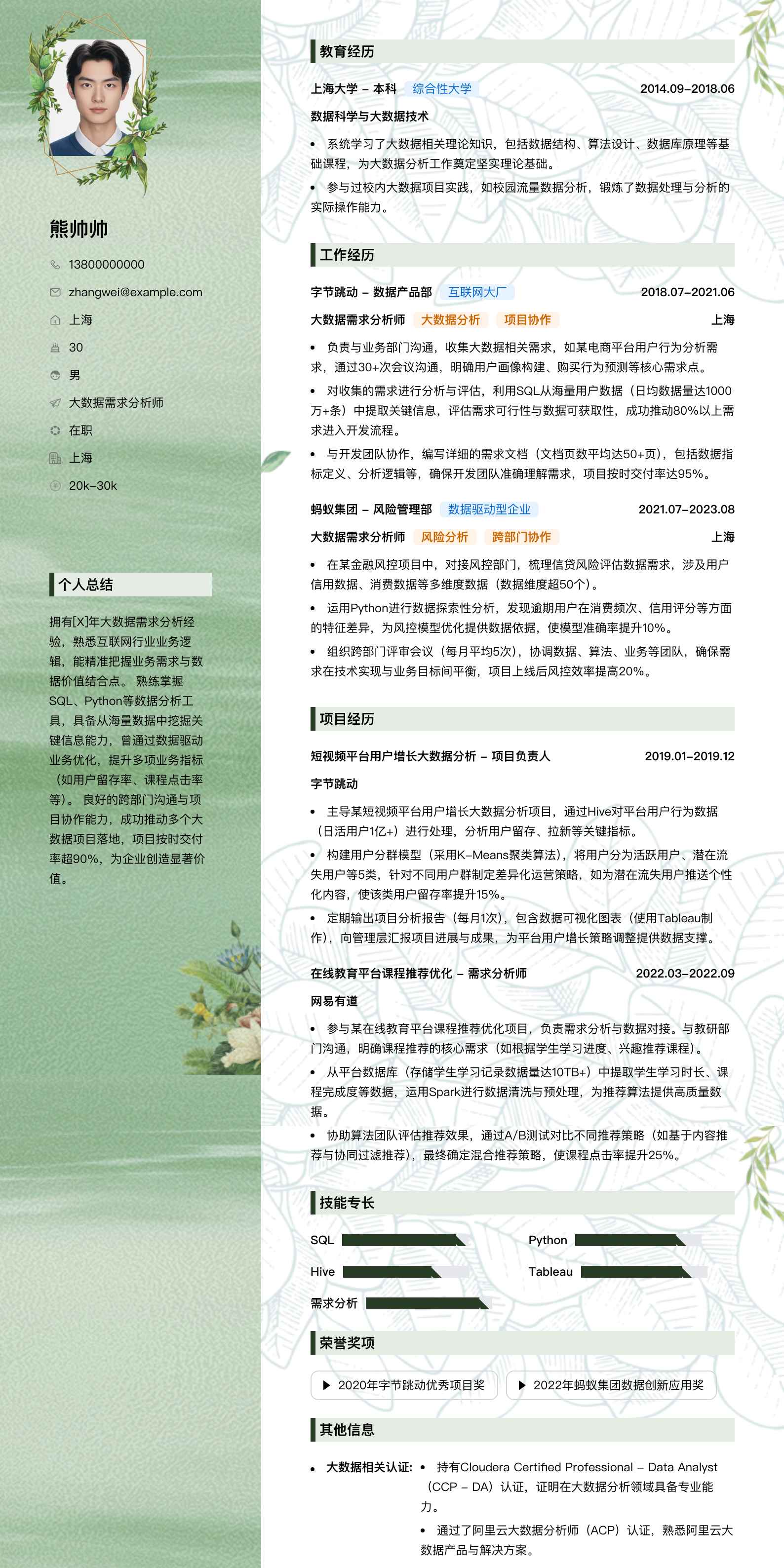 大数据需求分析师简历模板