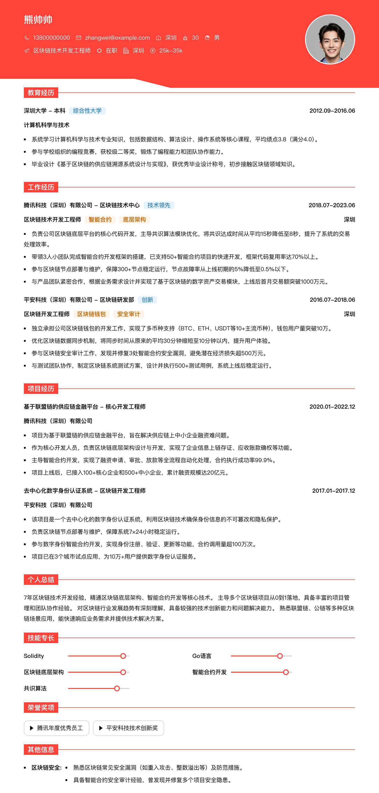 区块链技术开发工程师简历模板