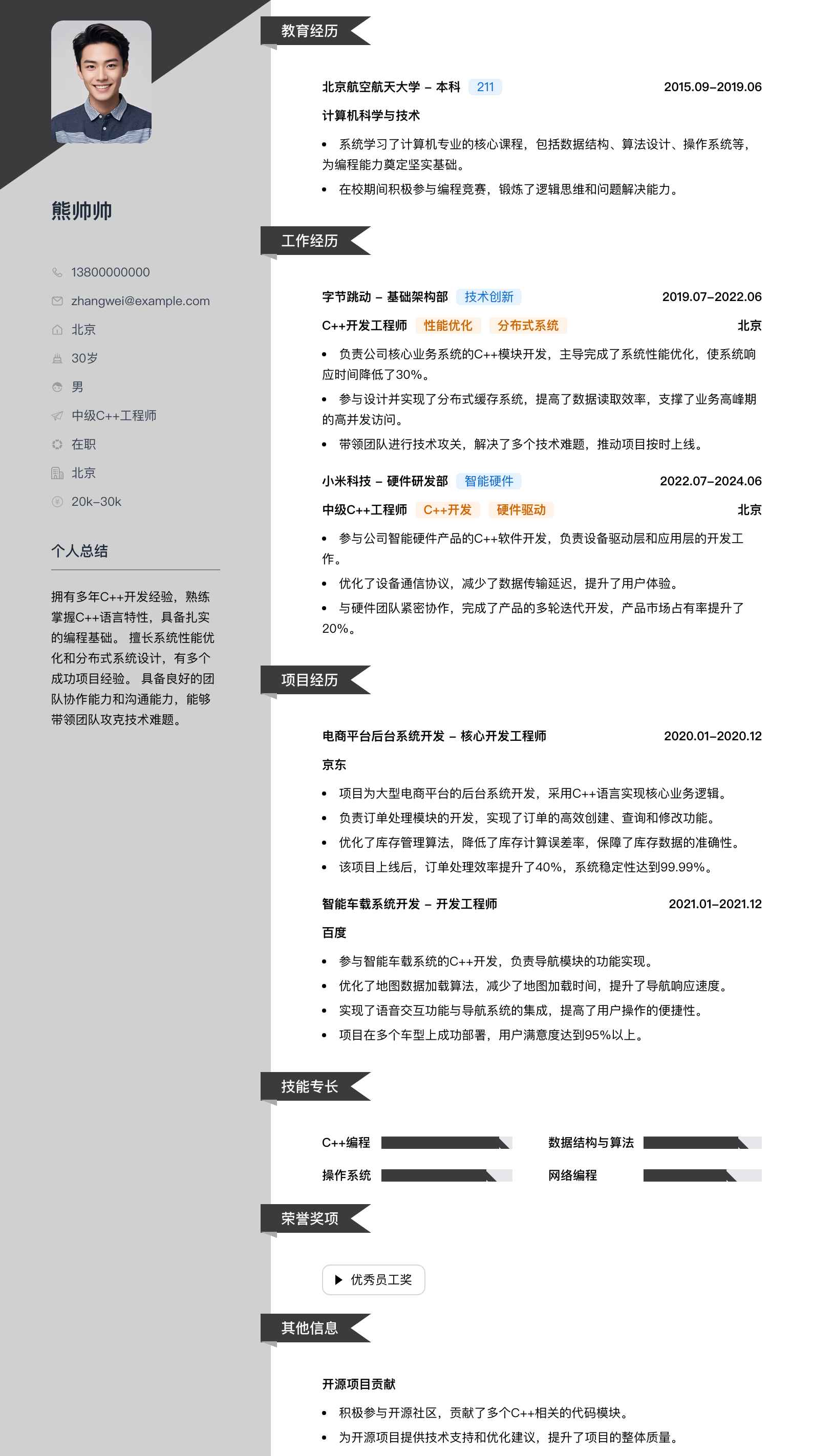 中级c++工程师简历模板