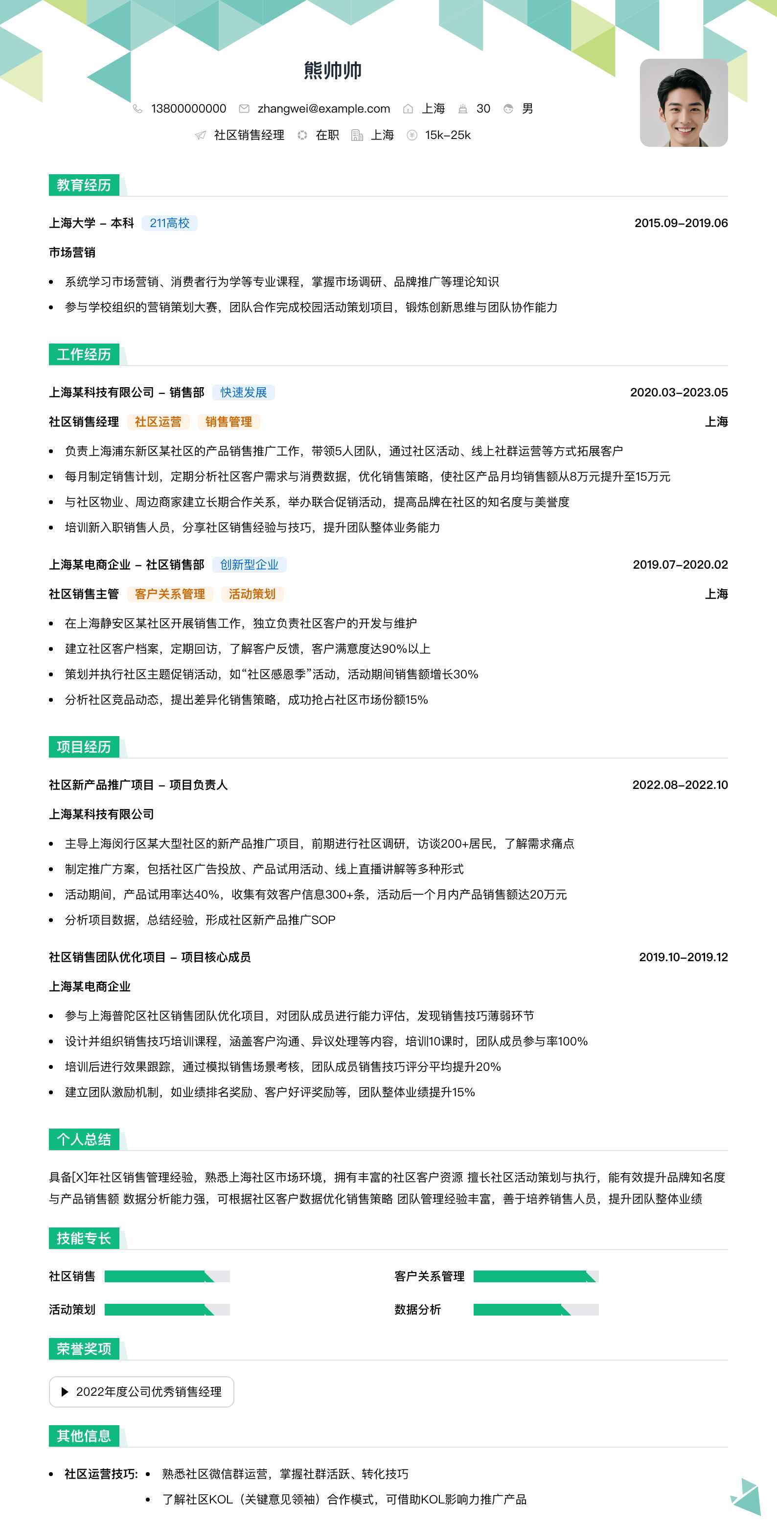 社区销售经理简历模板