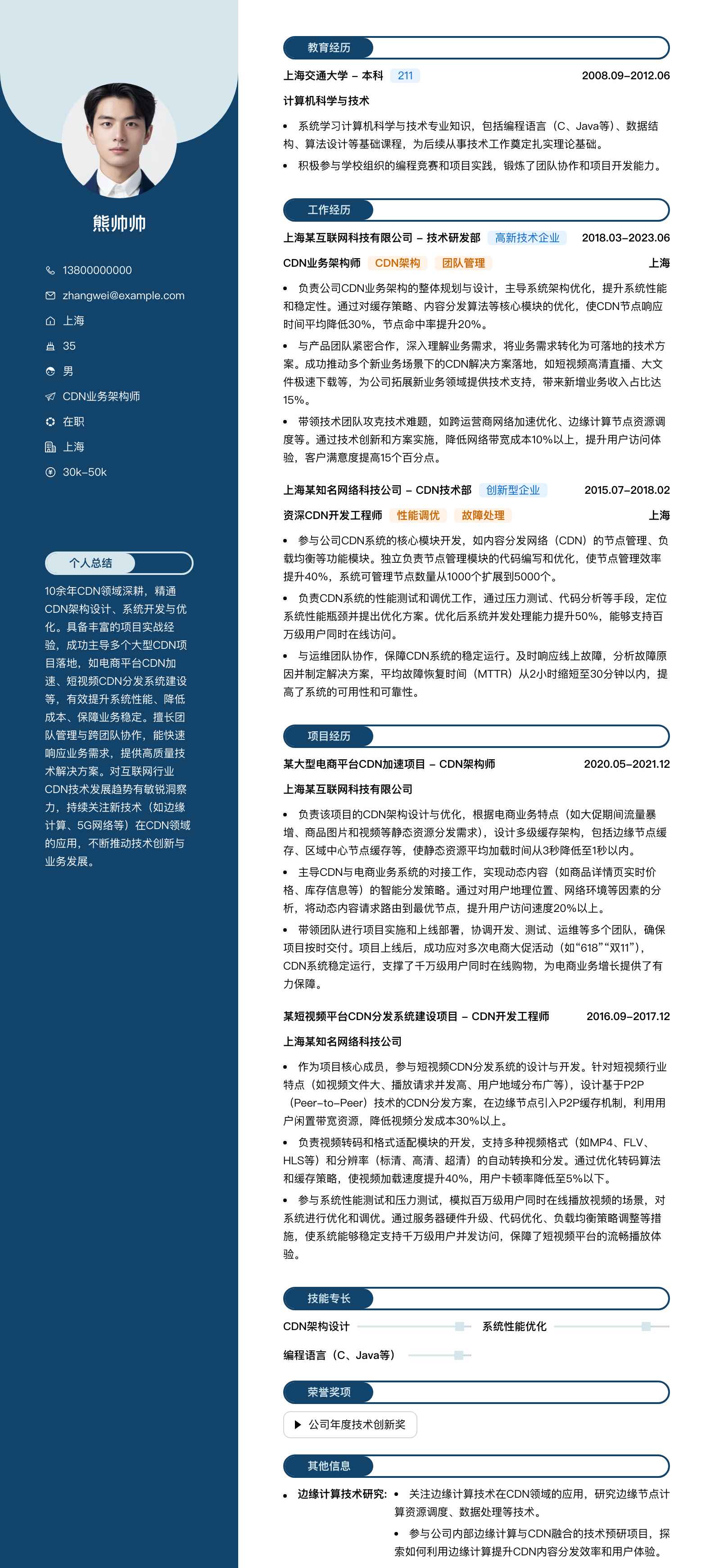 cdn业务架构师简历模板