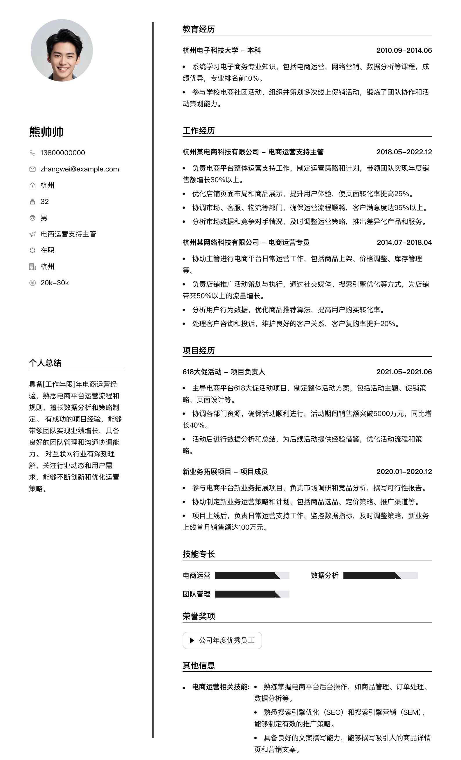 电商运营支持主管简历模板
