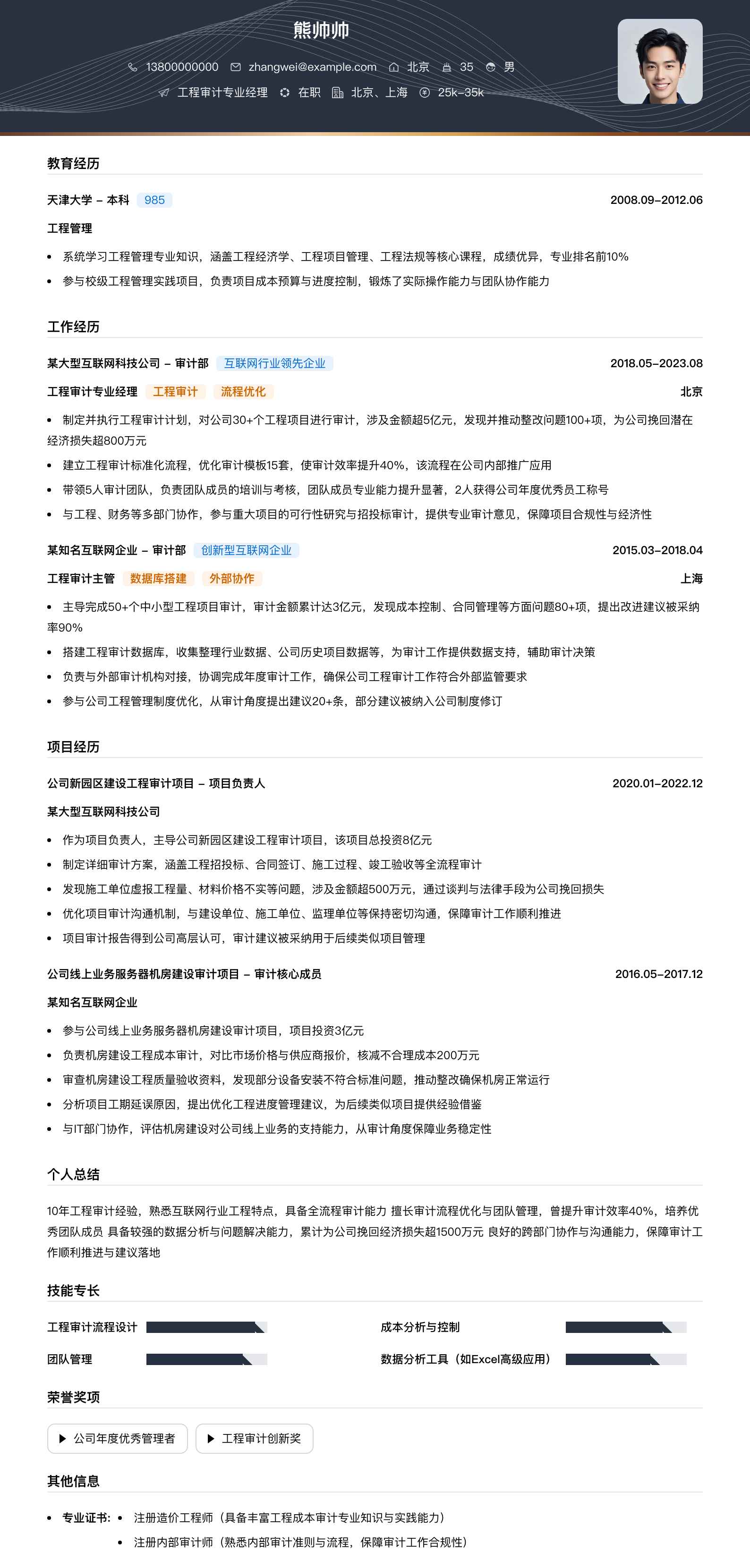 工程审计专业经理简历模板