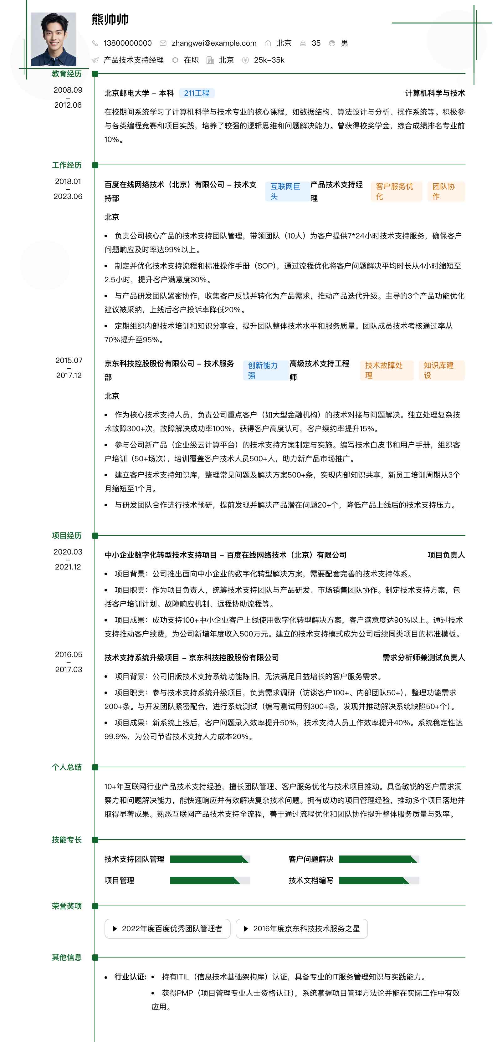 产品技术支持经理简历模板