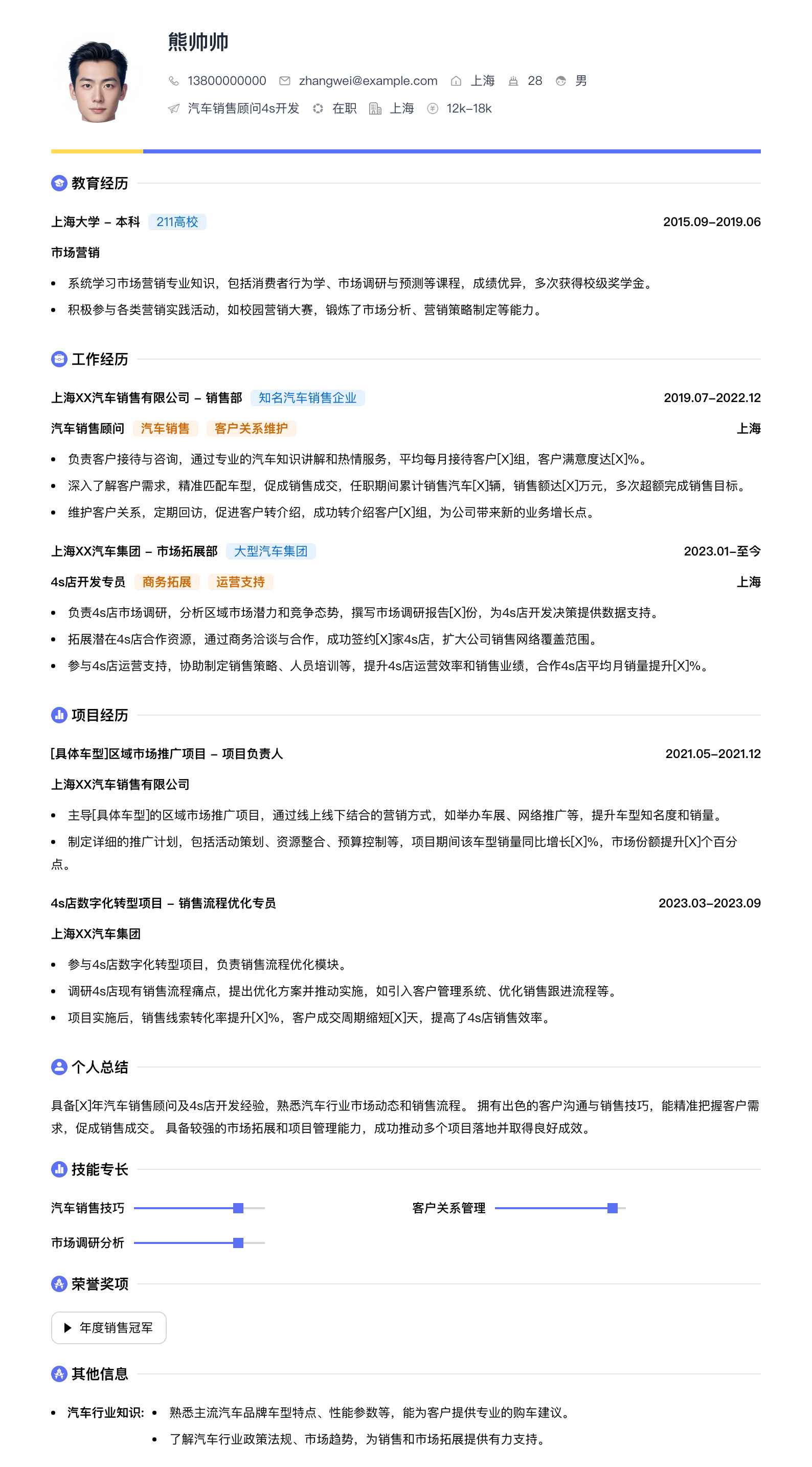汽车销售顾问4s简历模板