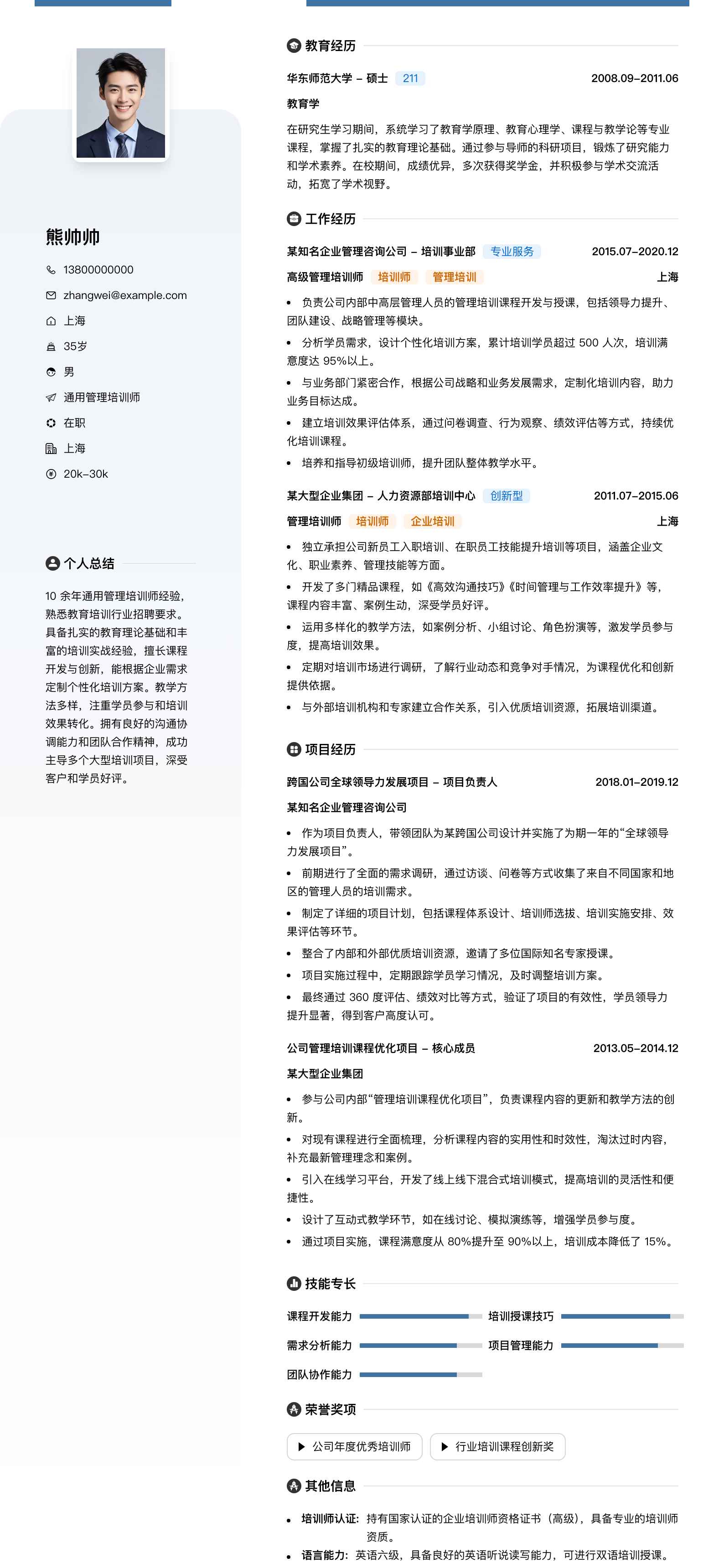 通用管理培训师简历模板