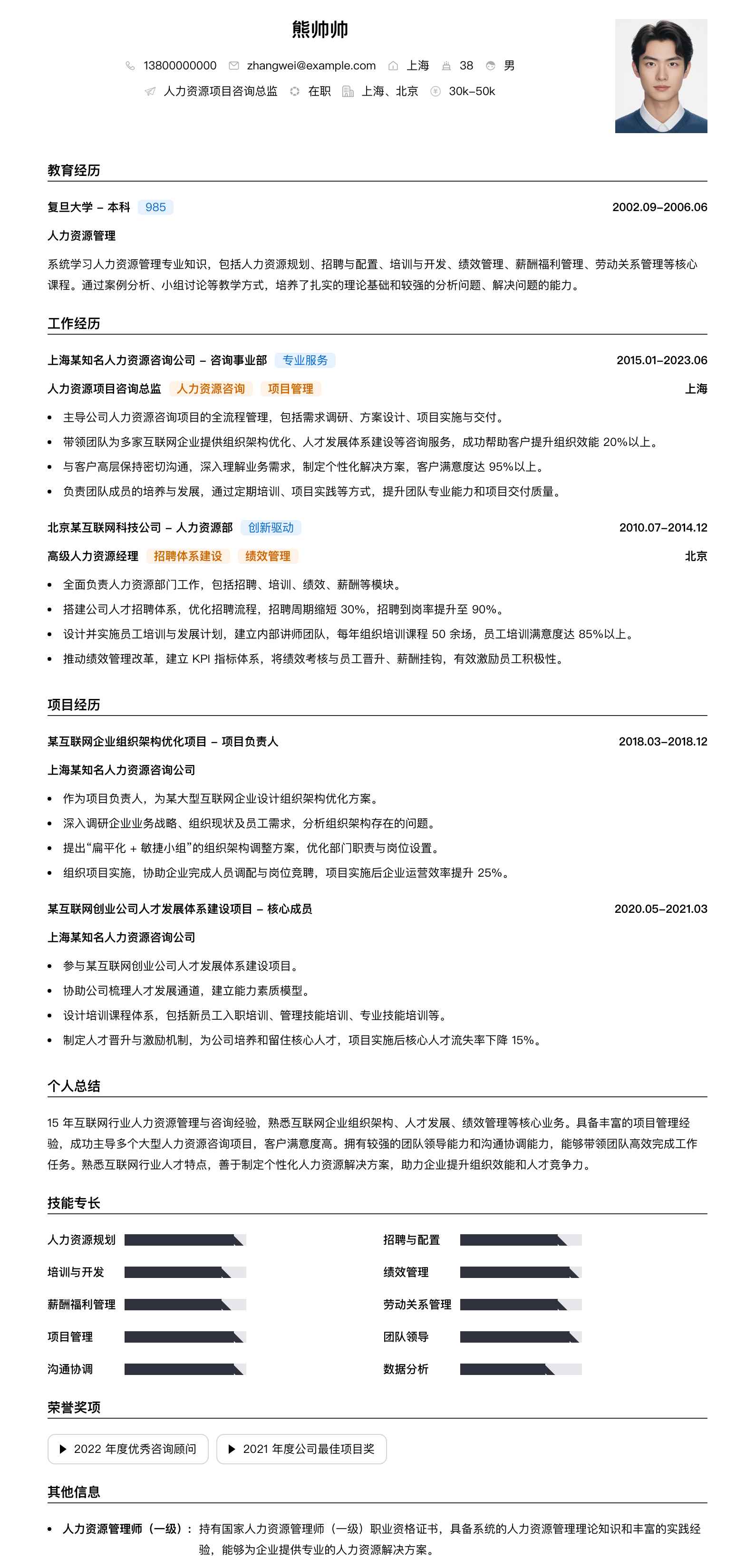 人力资源项目咨询总监简历模板