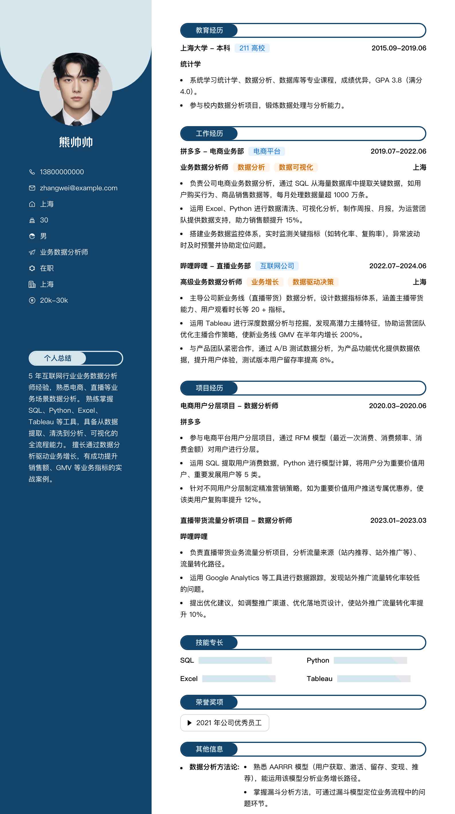 业务数据分析师简历模板