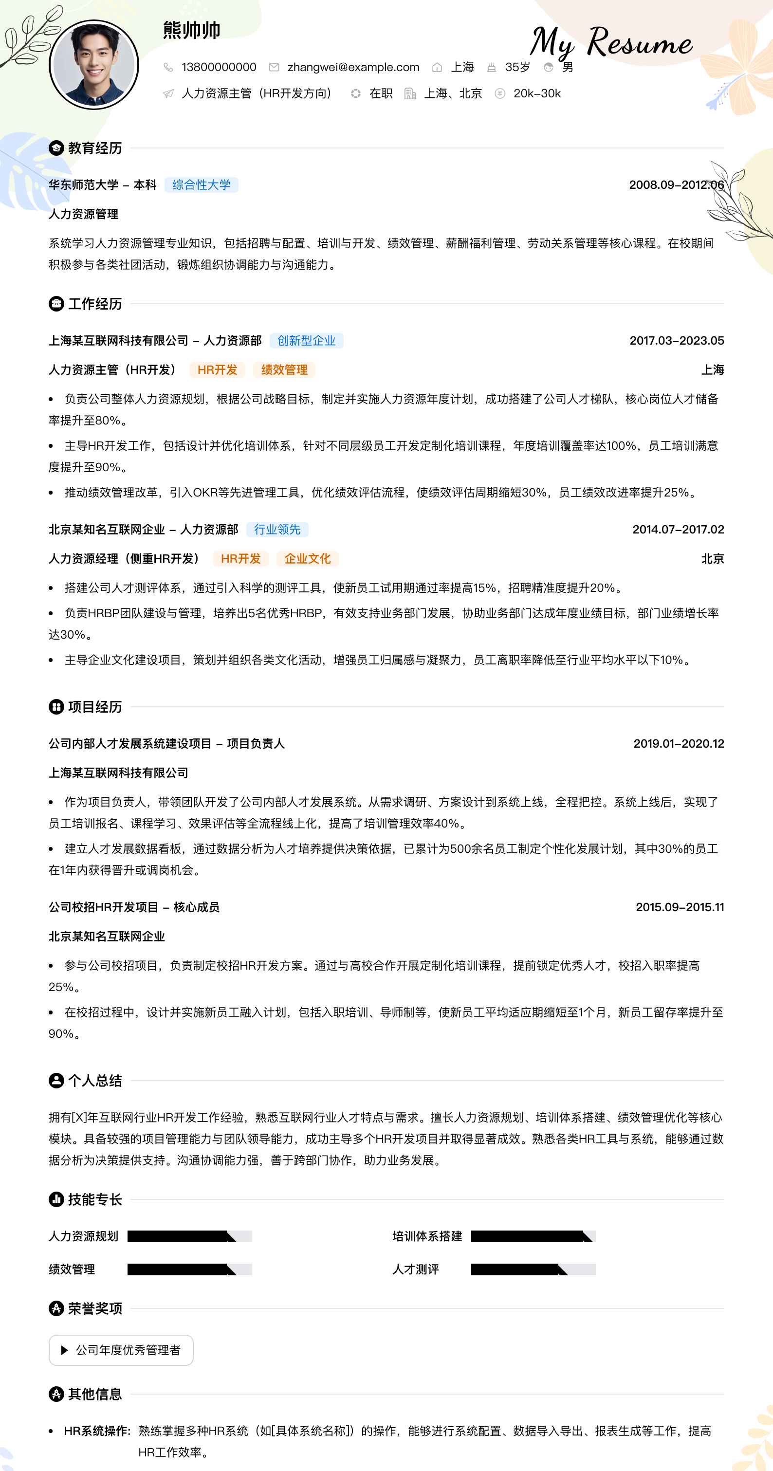人力资源主管hr简历模板