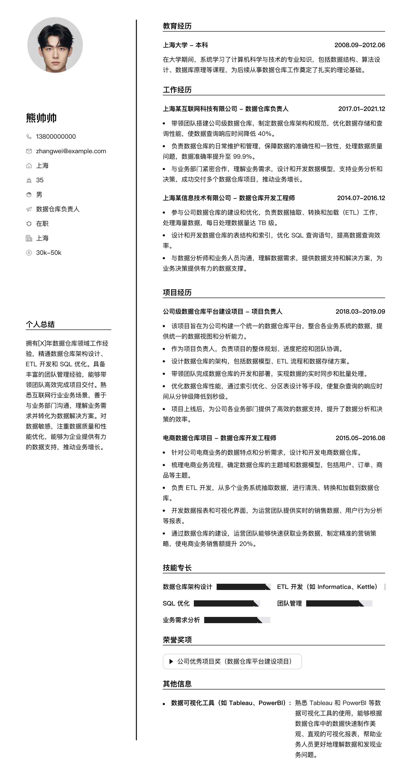 数据仓库负责人简历模板