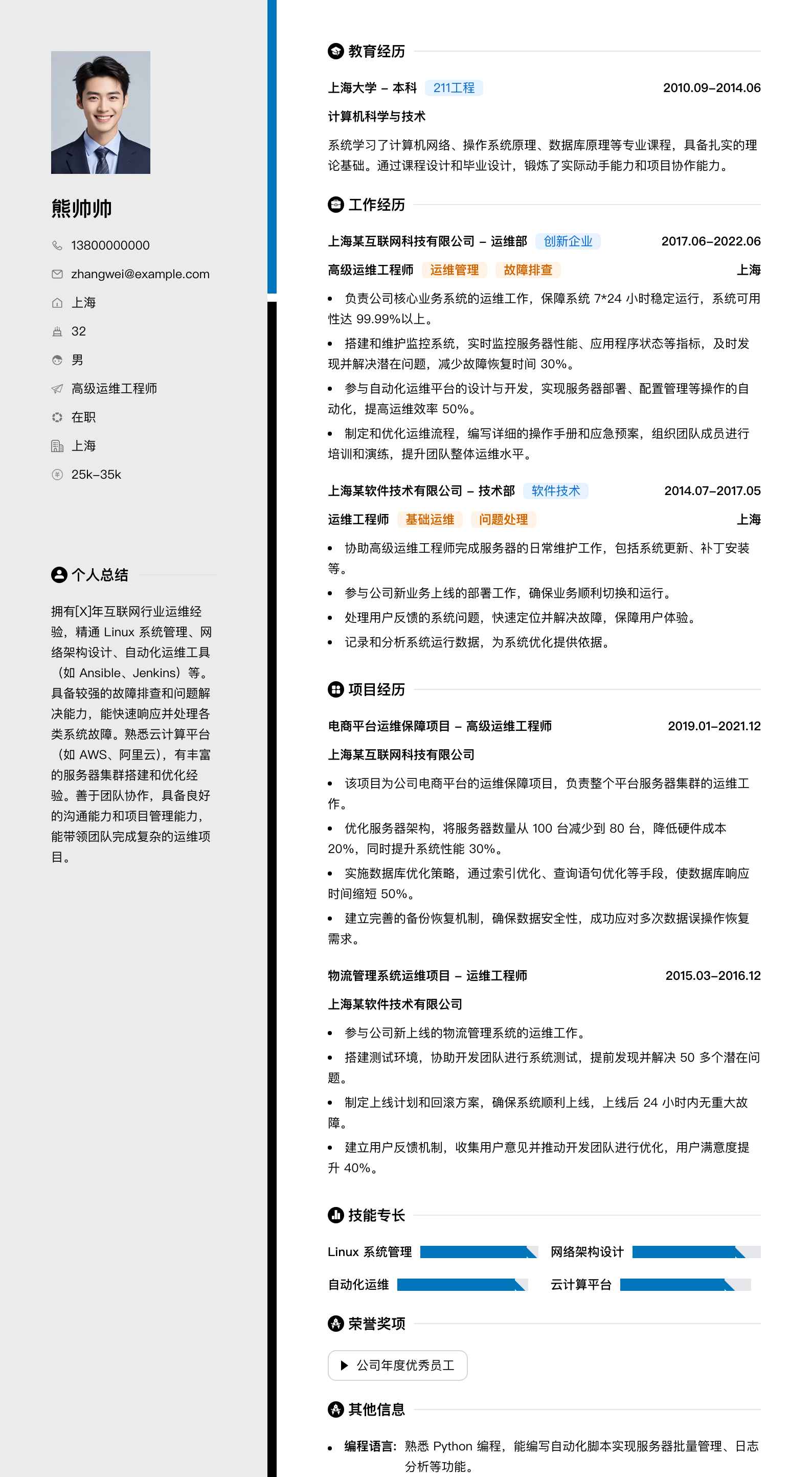 高级运维工程师简历模板