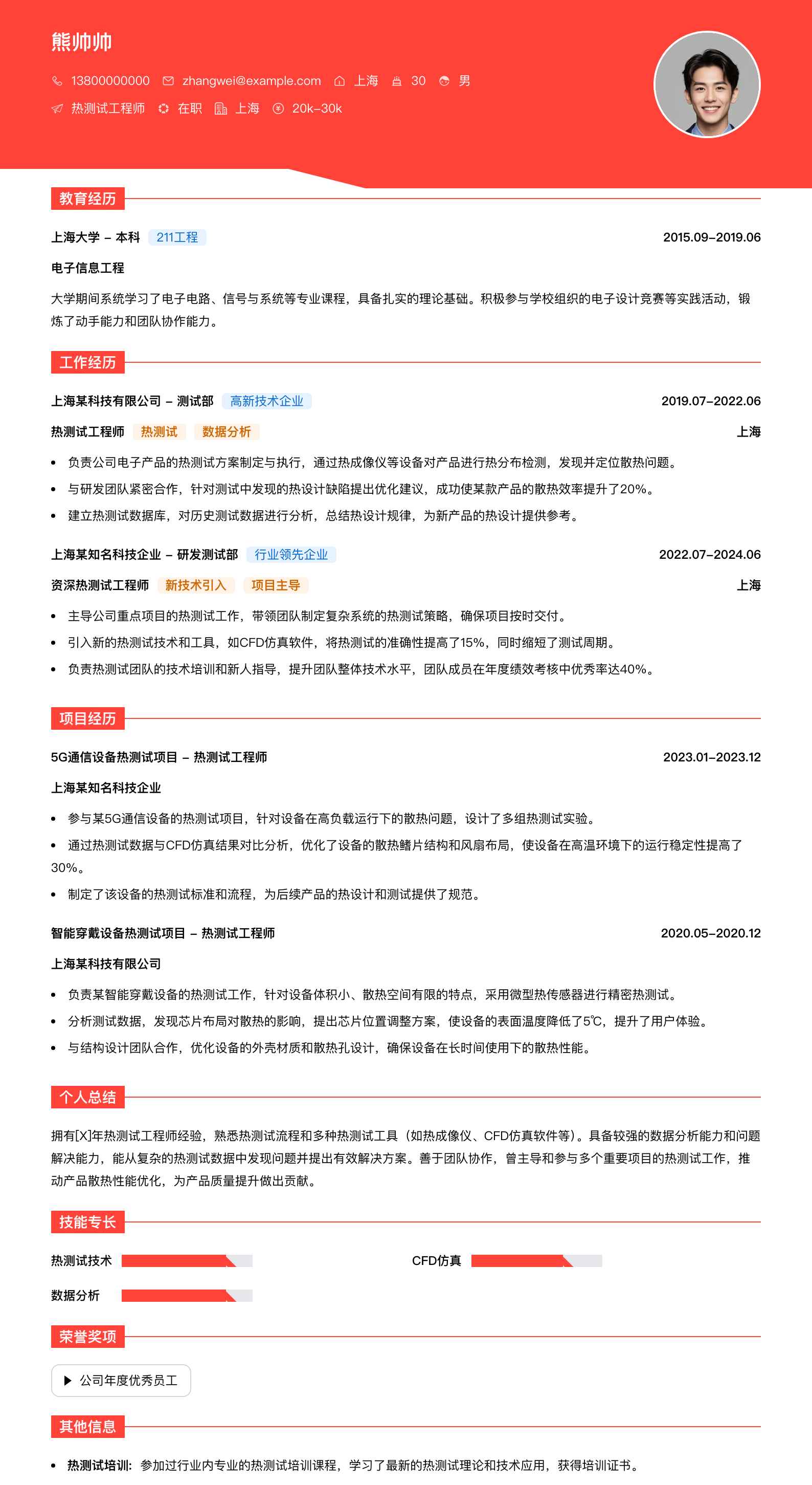 热测试工程师简历模板