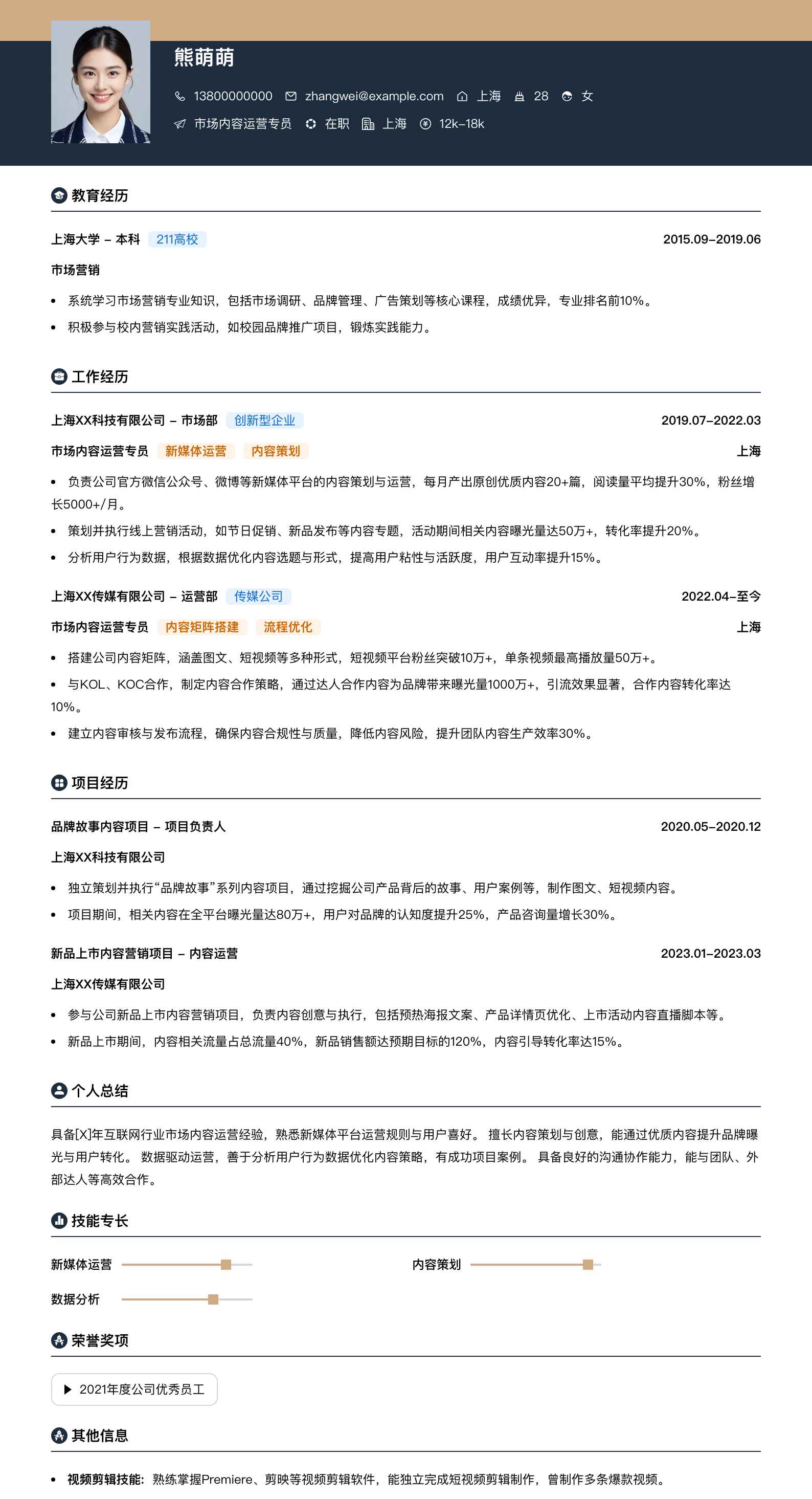 市场内容运营专员简历模板