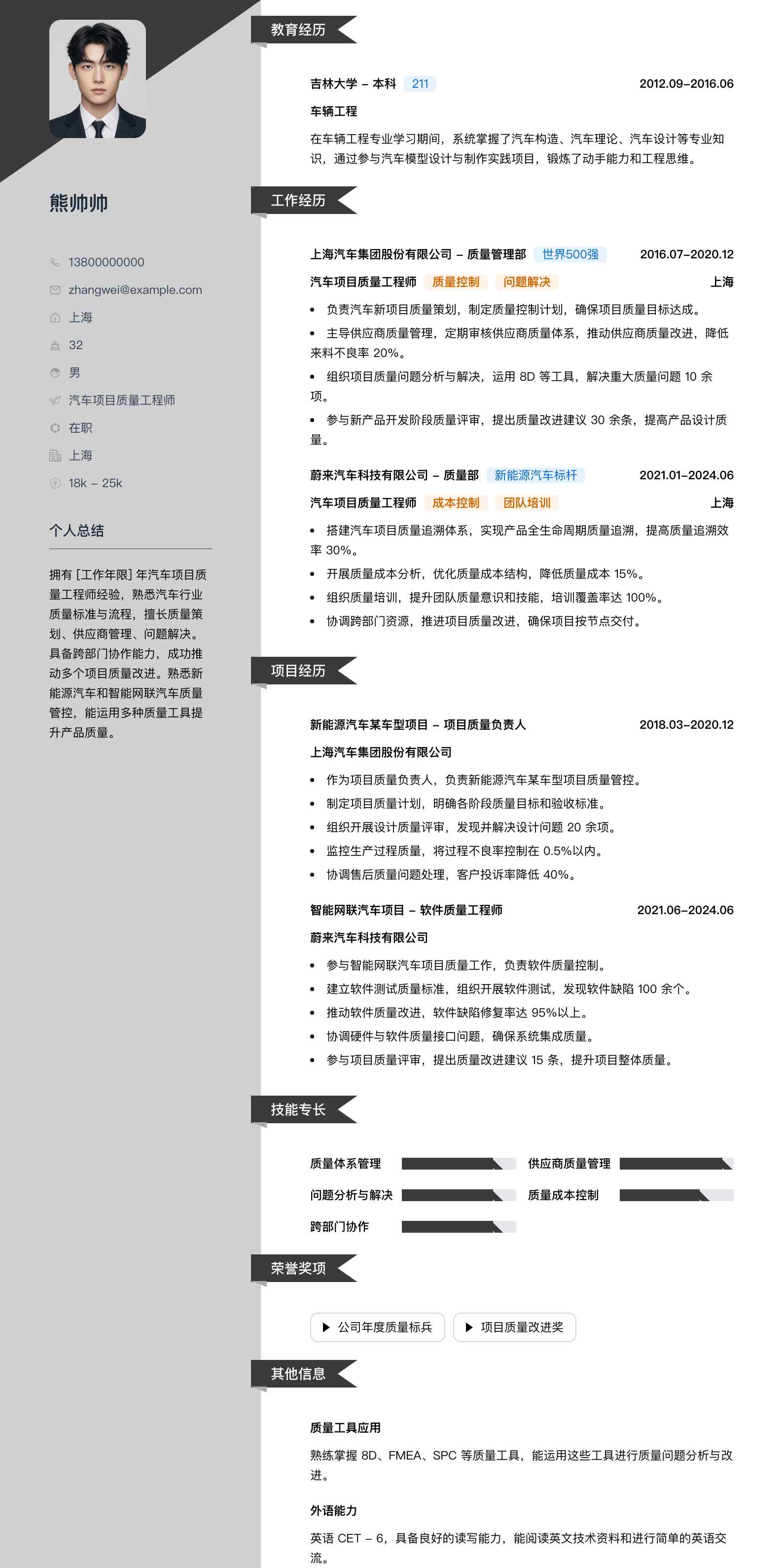 汽车项目质量工程师简历模板