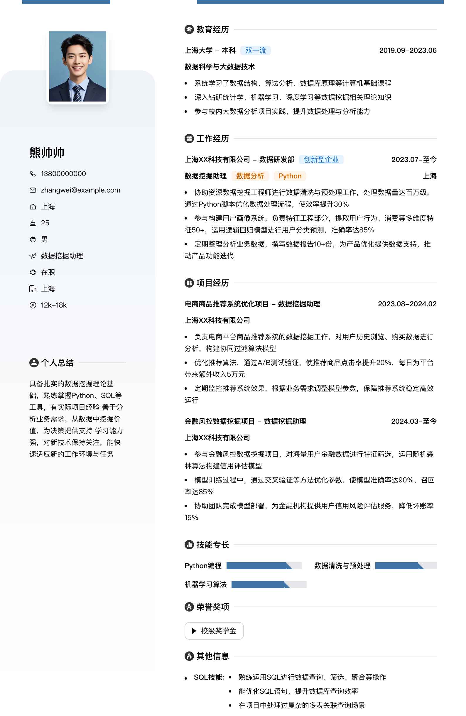 数据挖掘助理简历模板