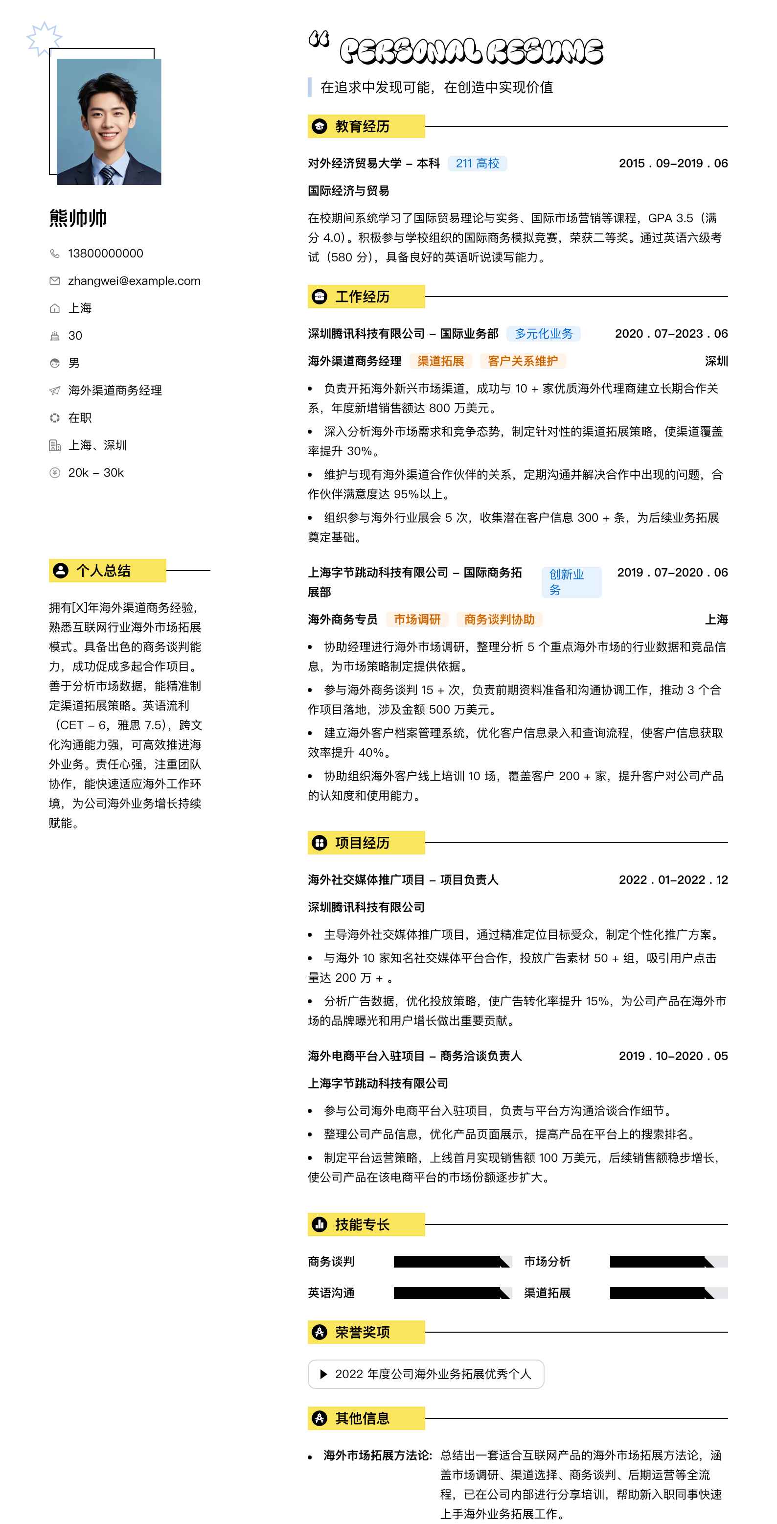 海外渠道商务经理简历模板