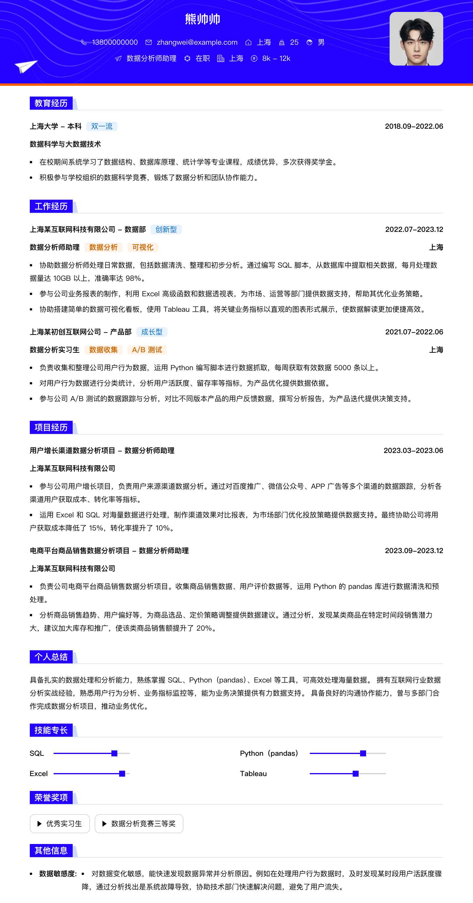 数据分析师助理简历模板
