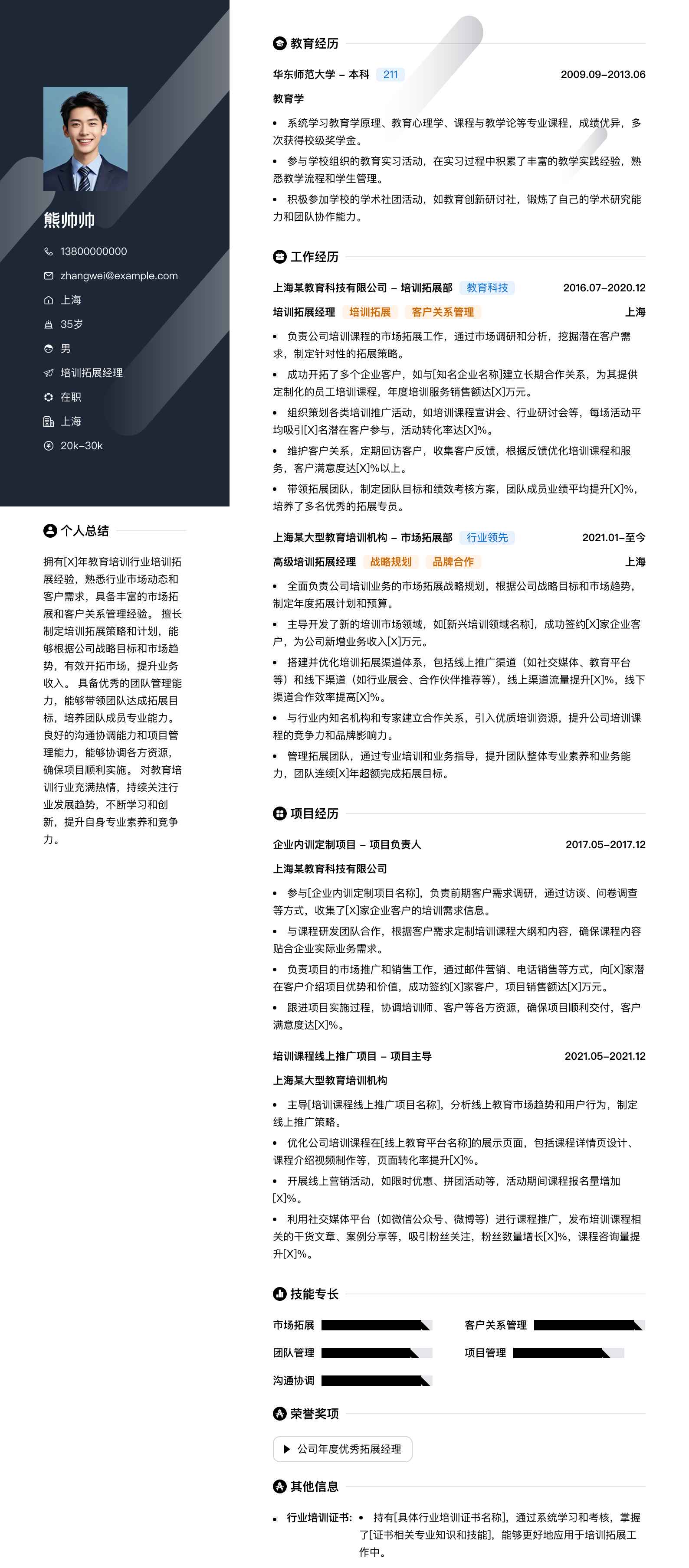 培训拓展经理简历模板