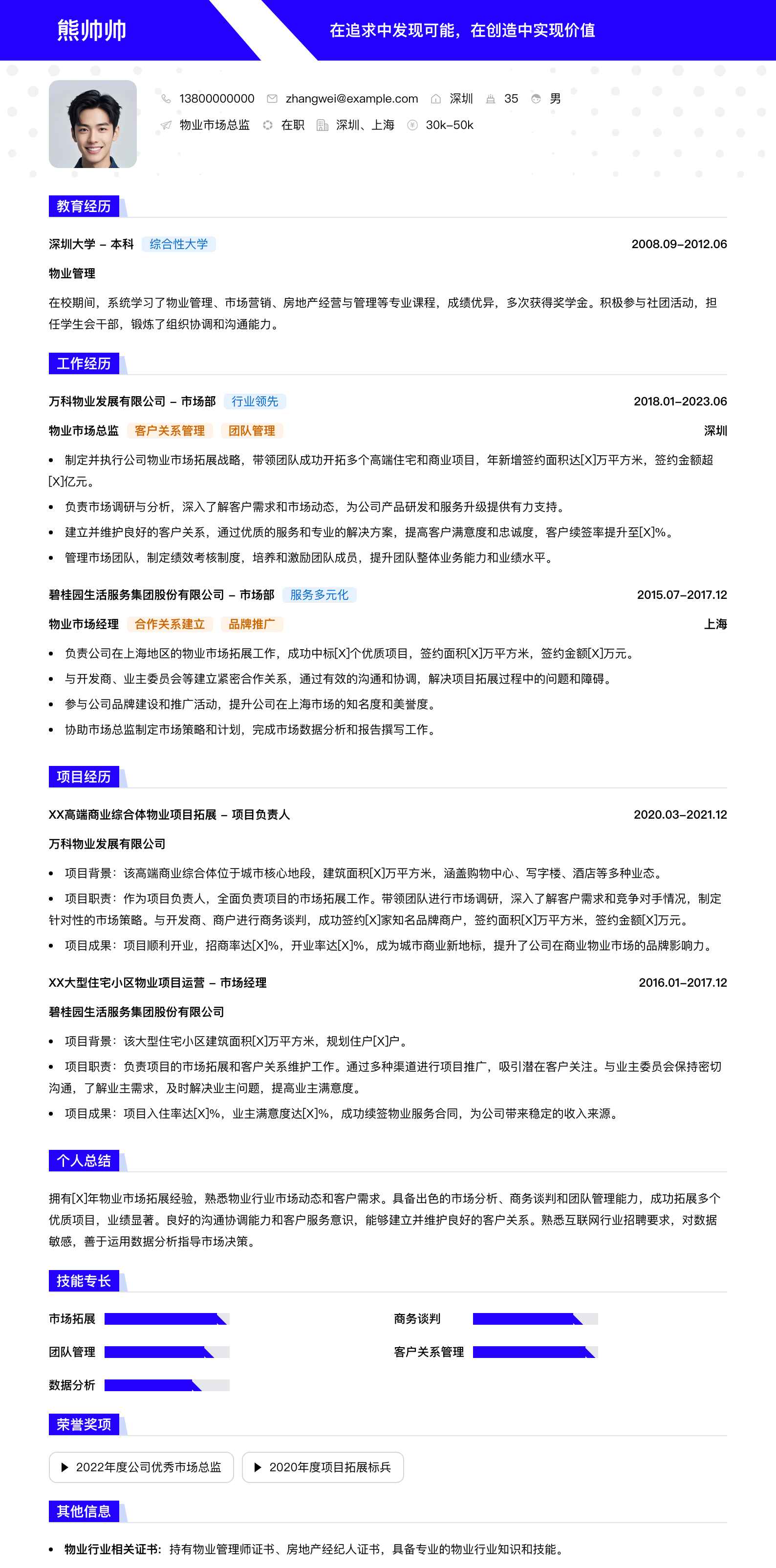 物业市场总监简历模板