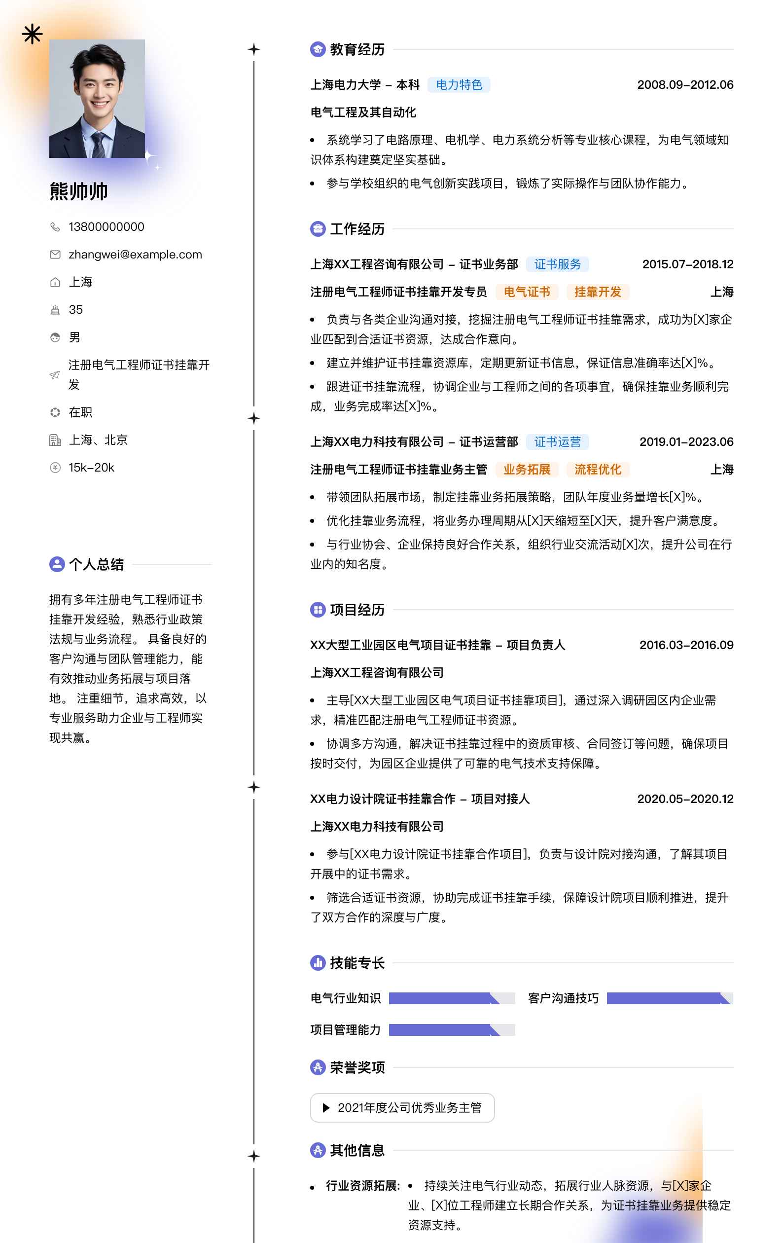 注册电气工程师证书挂靠简历模板