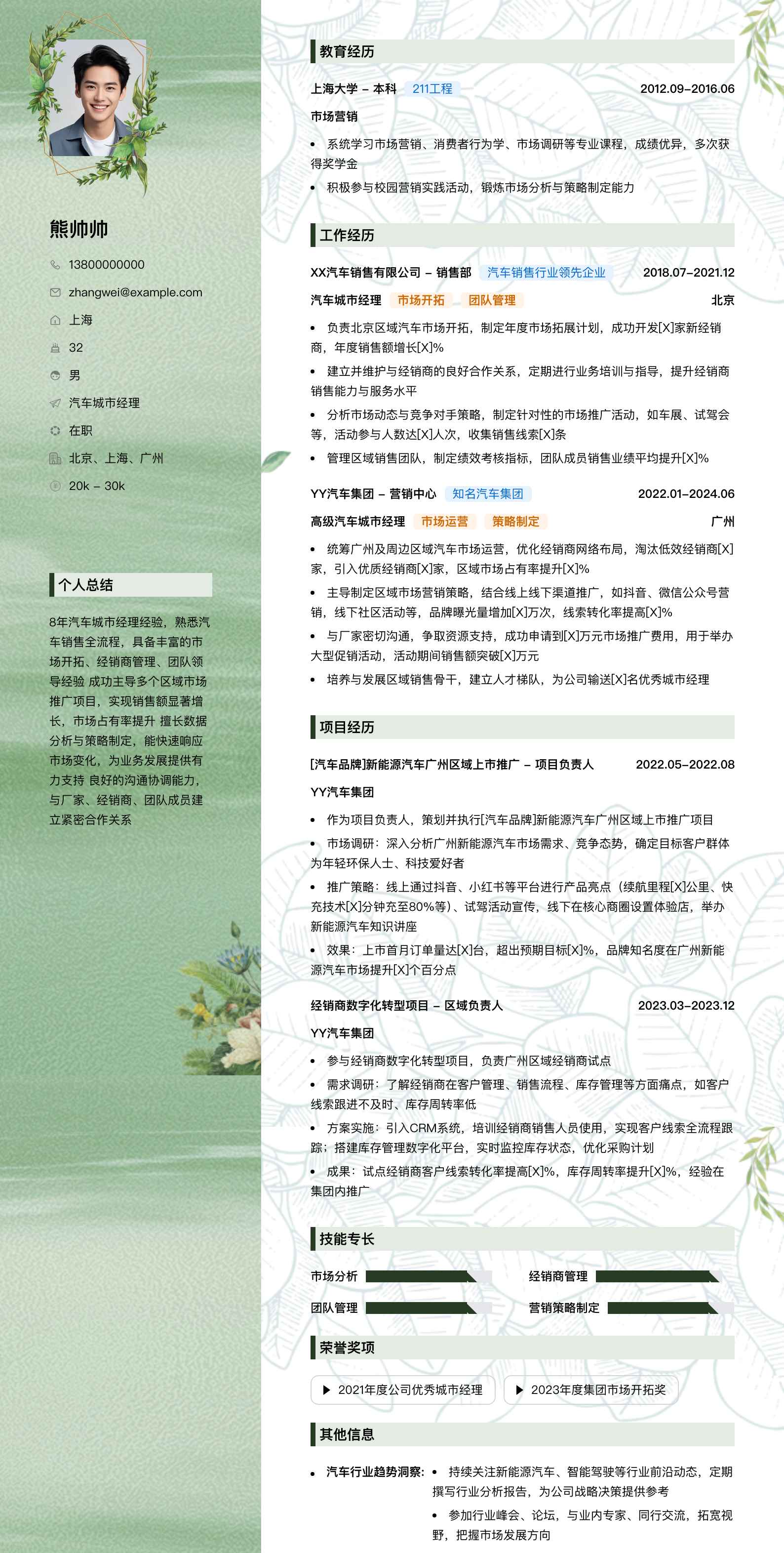 汽车城市经理简历模板