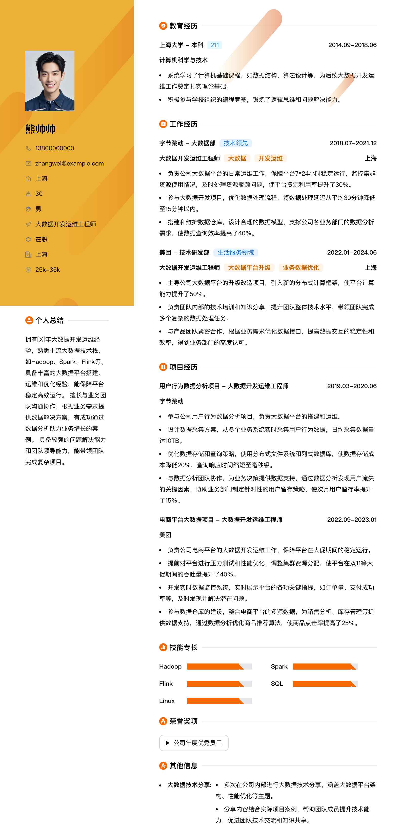大数据开发运维工程师简历模板