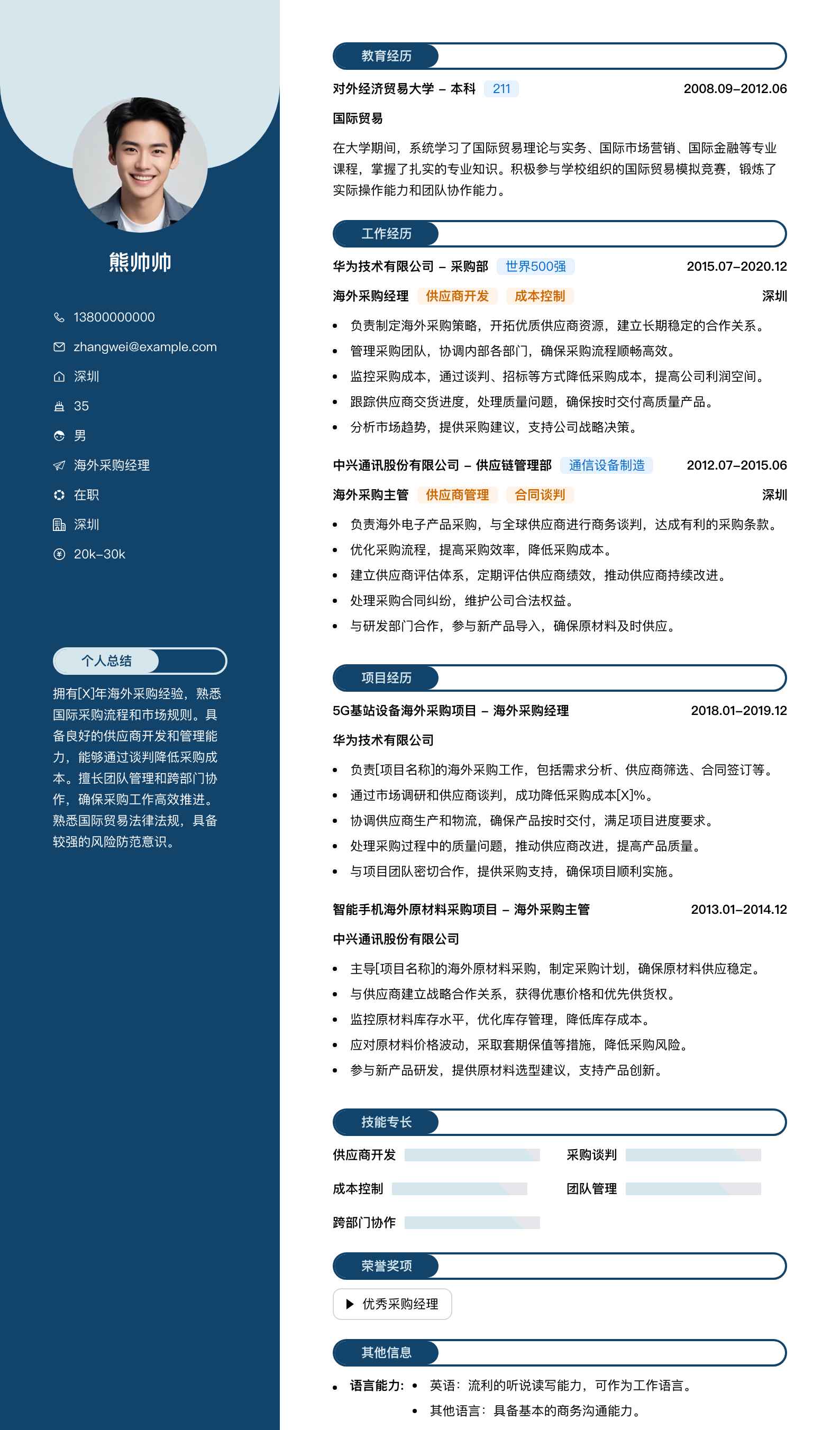 海外采购经理简历模板