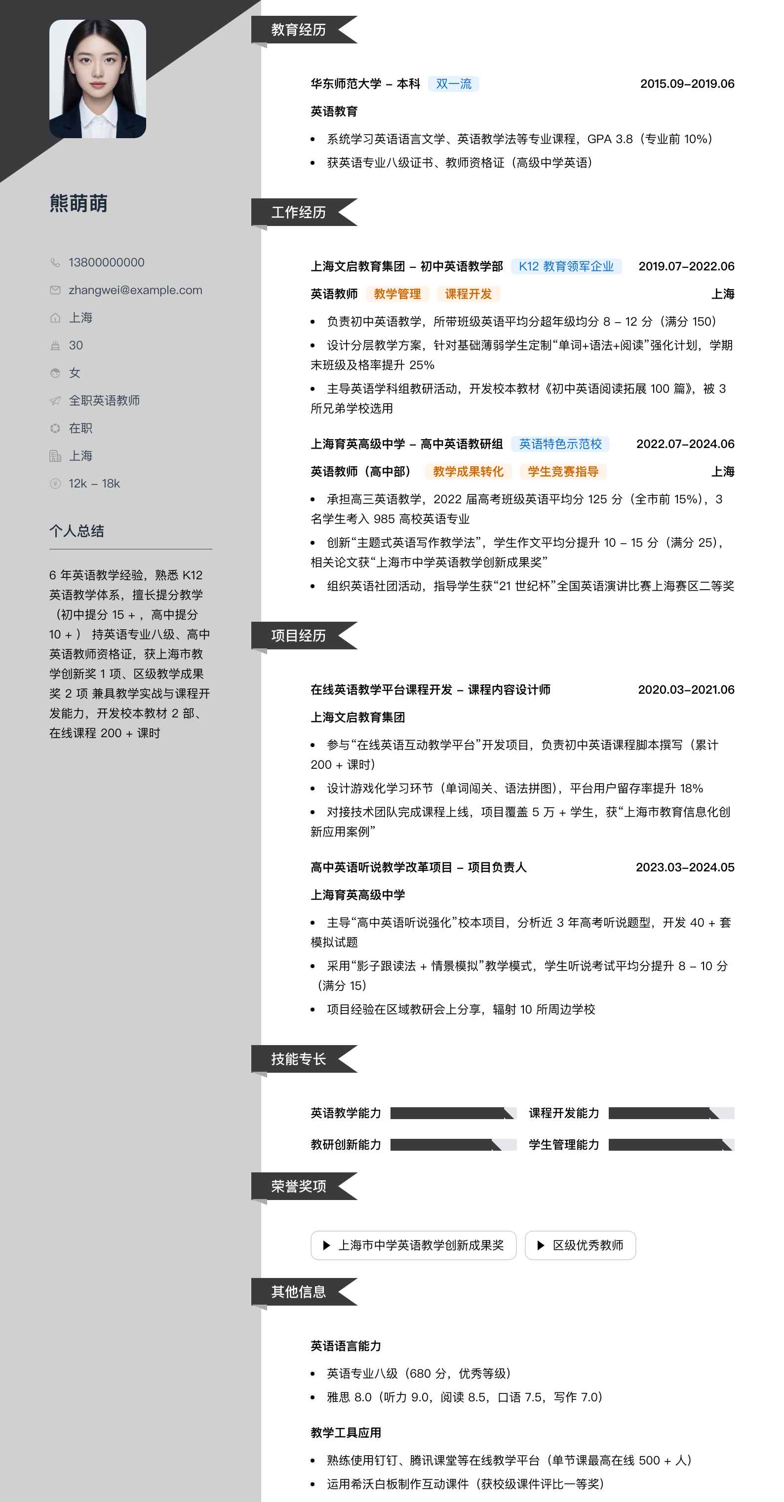 全职英语教师简历模板