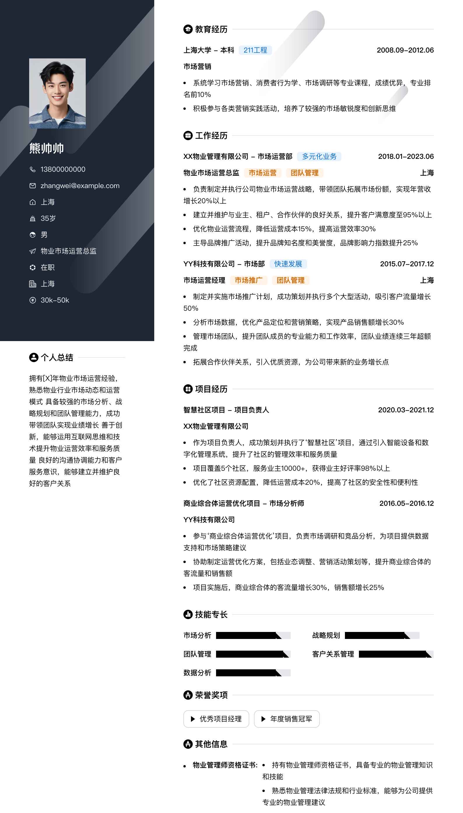 物业市场运营总监简历模板