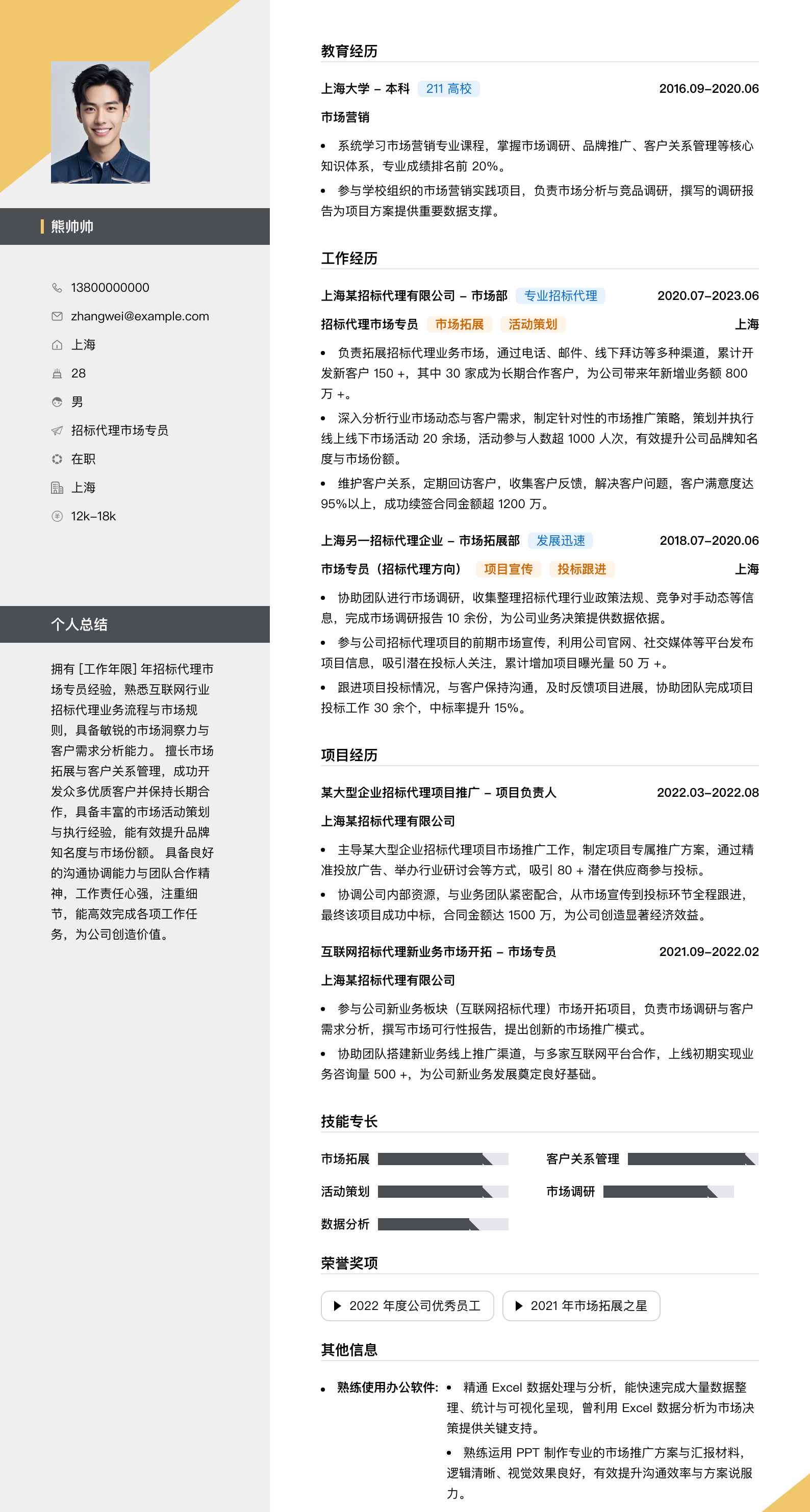 招标代理市场专员简历模板