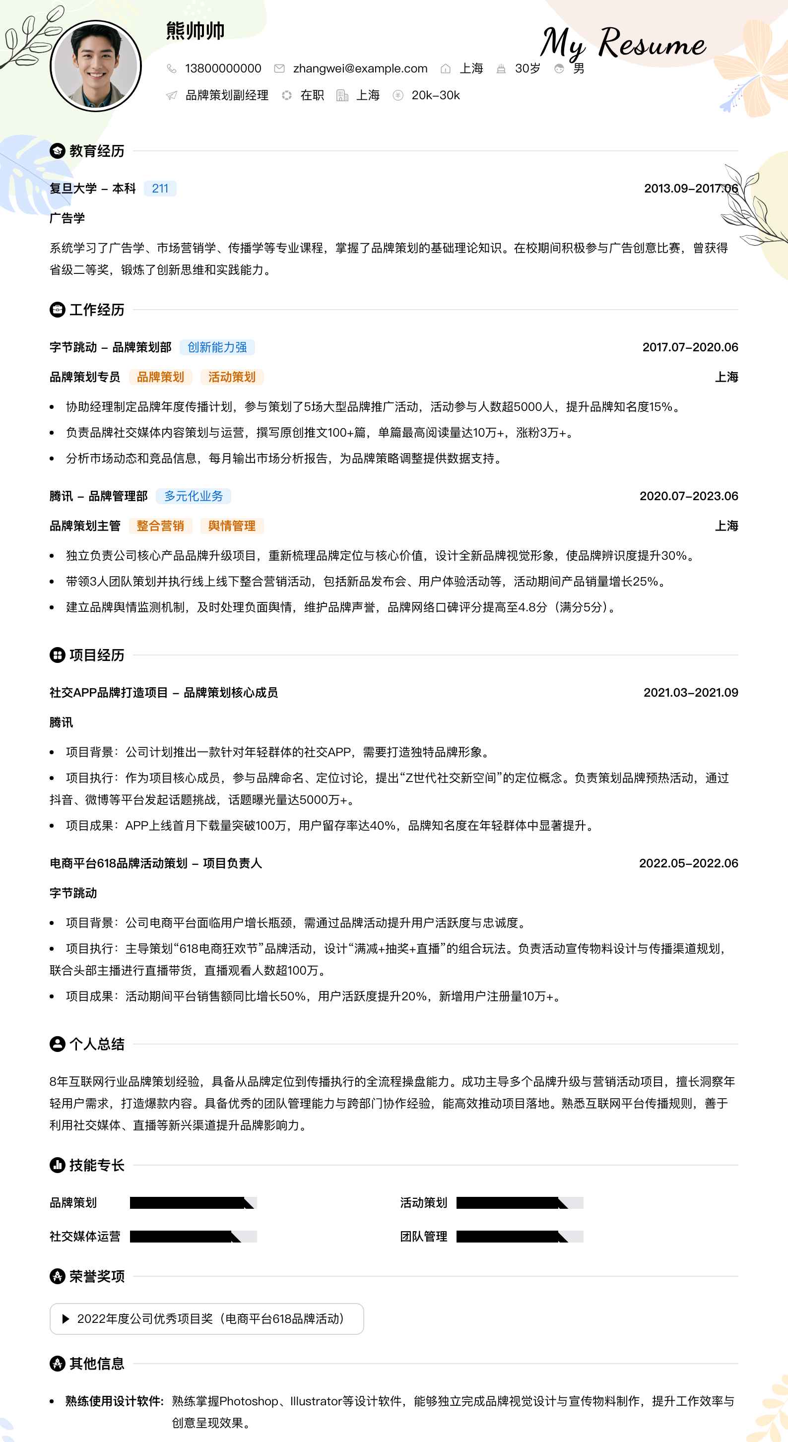品牌策划副经理简历模板