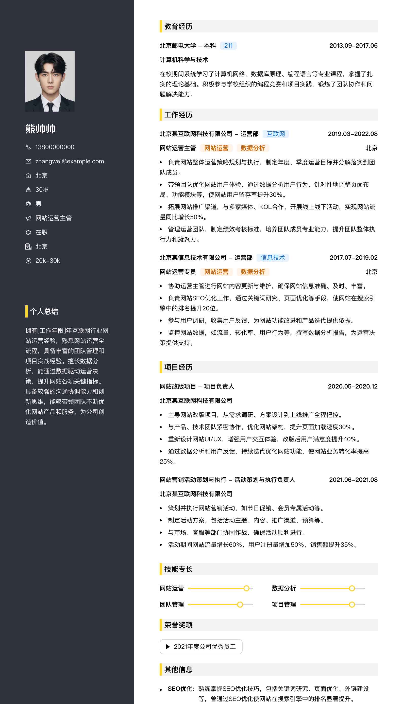 网站运营主管简历模板