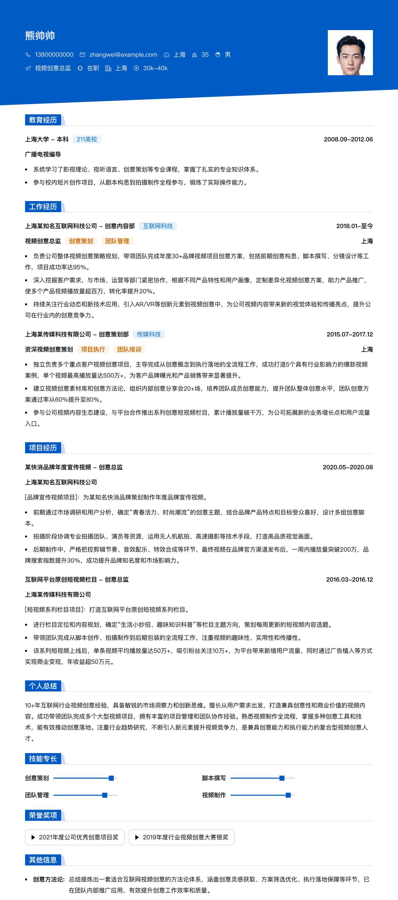 视频创意总监简历模板