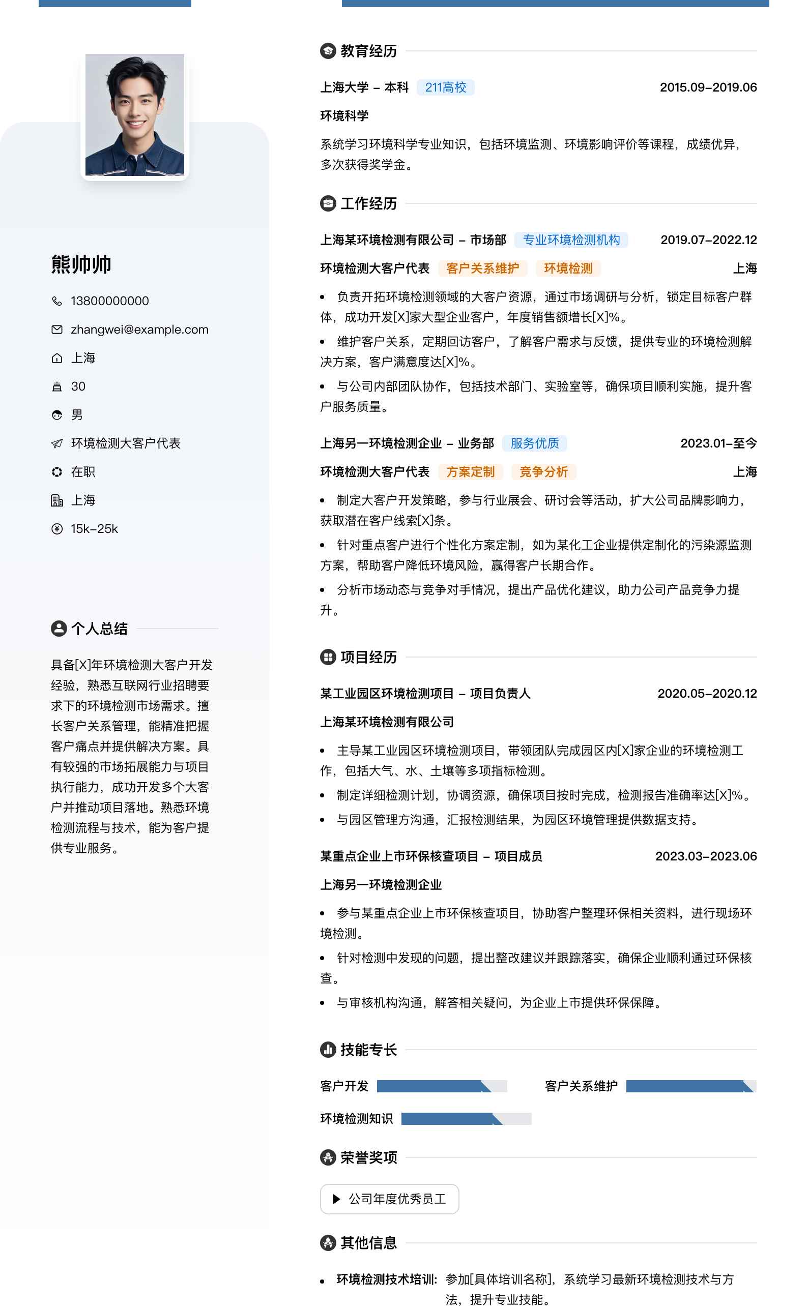 环境检测大客户代表简历模板