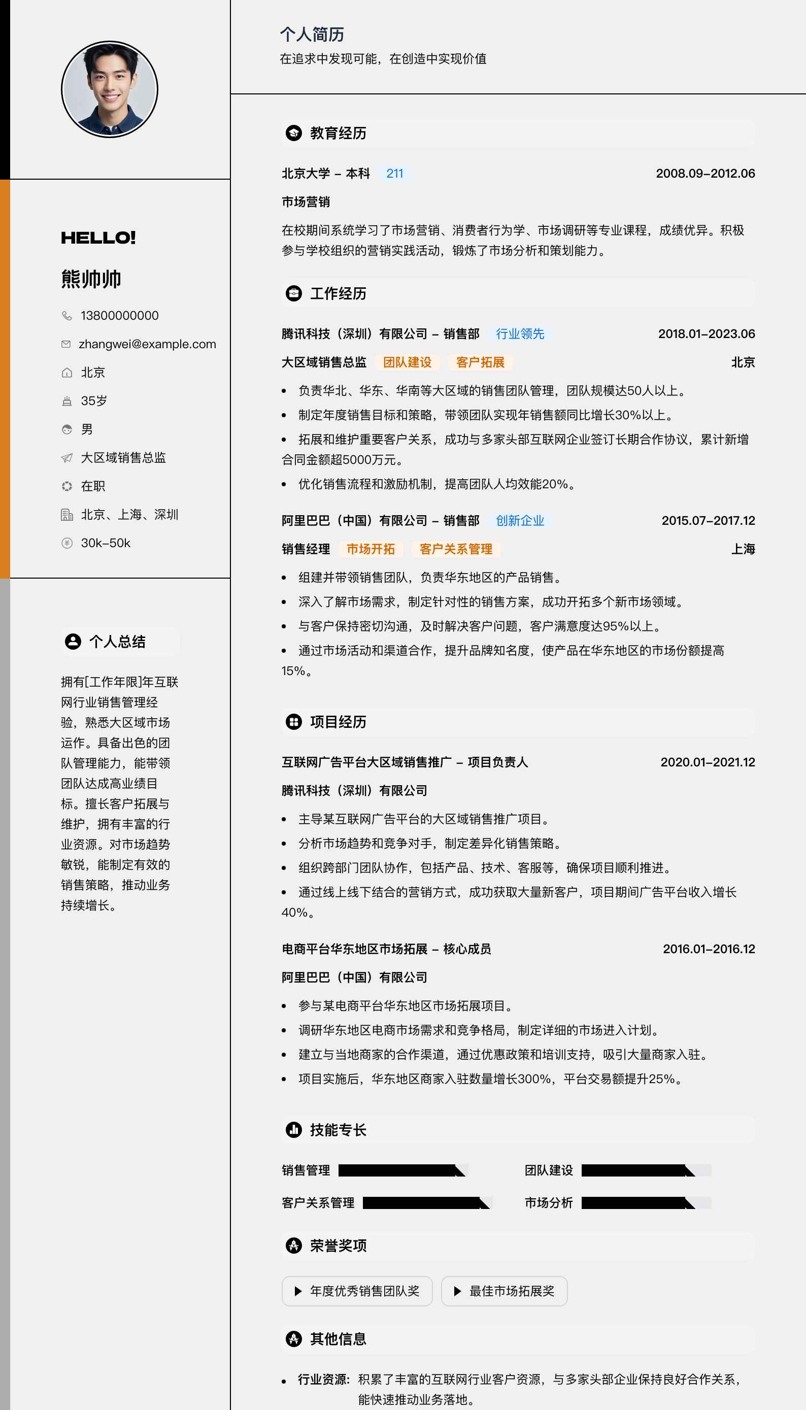 大区域销售总监简历模板