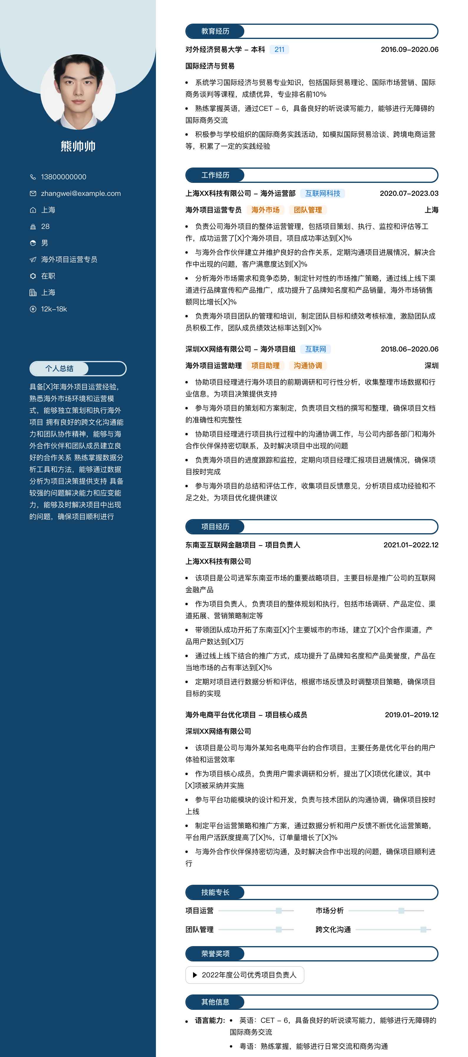 海外项目运营专员简历模板