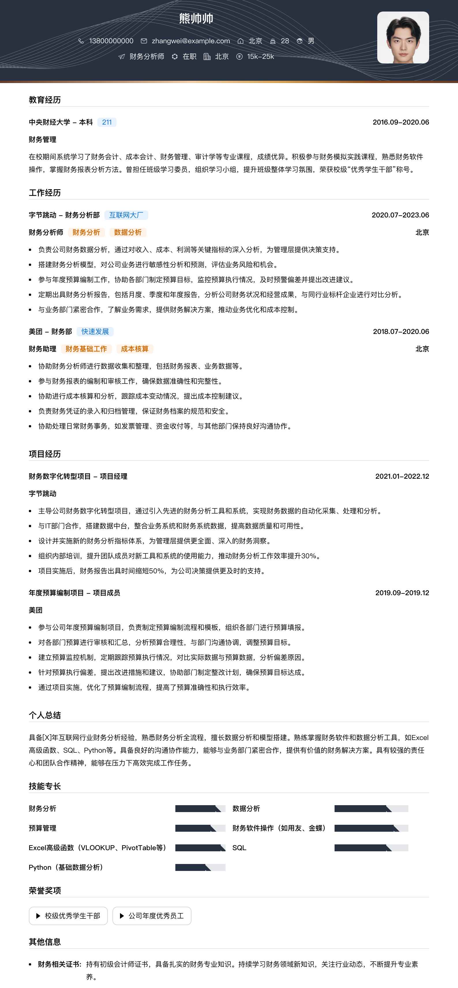 财务分析简历模板