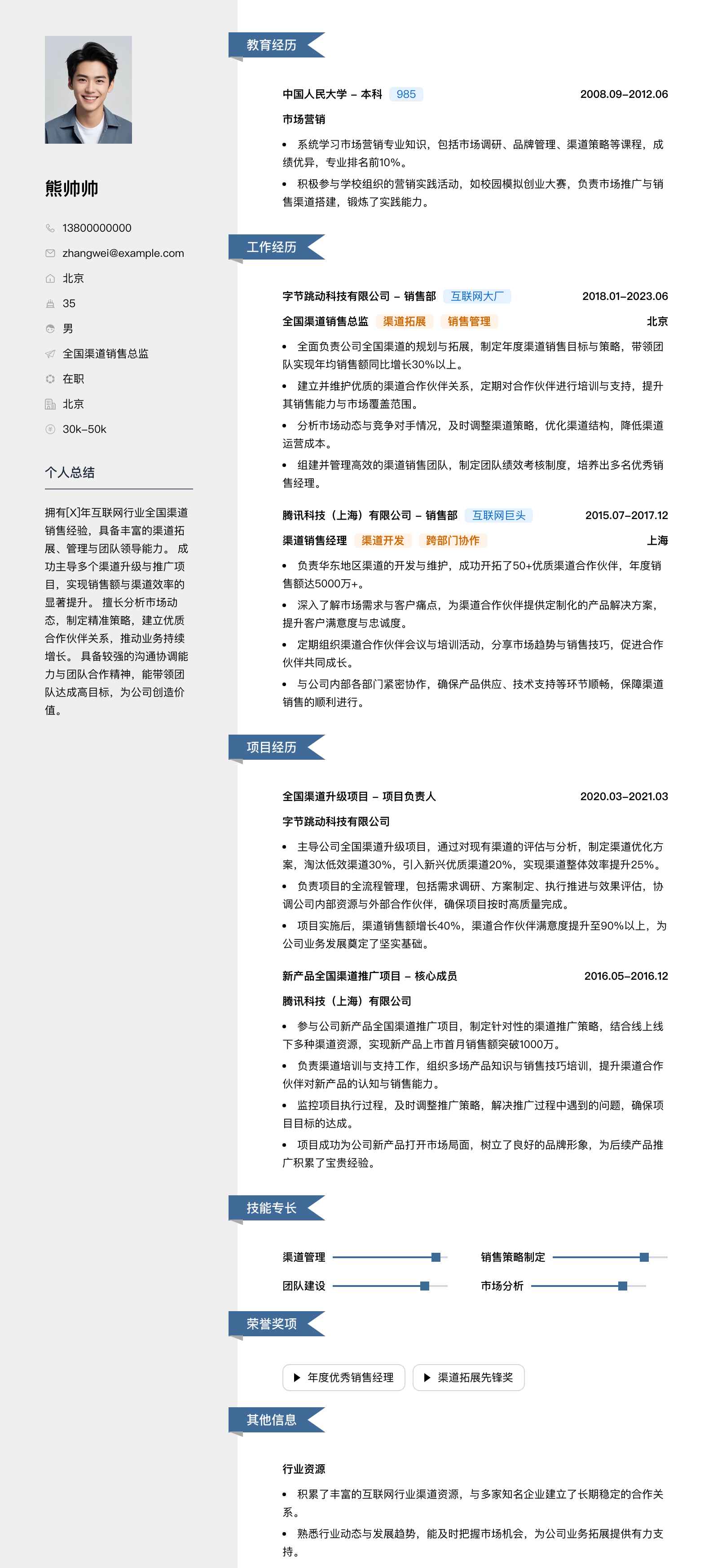 全国渠道销售总监简历模板