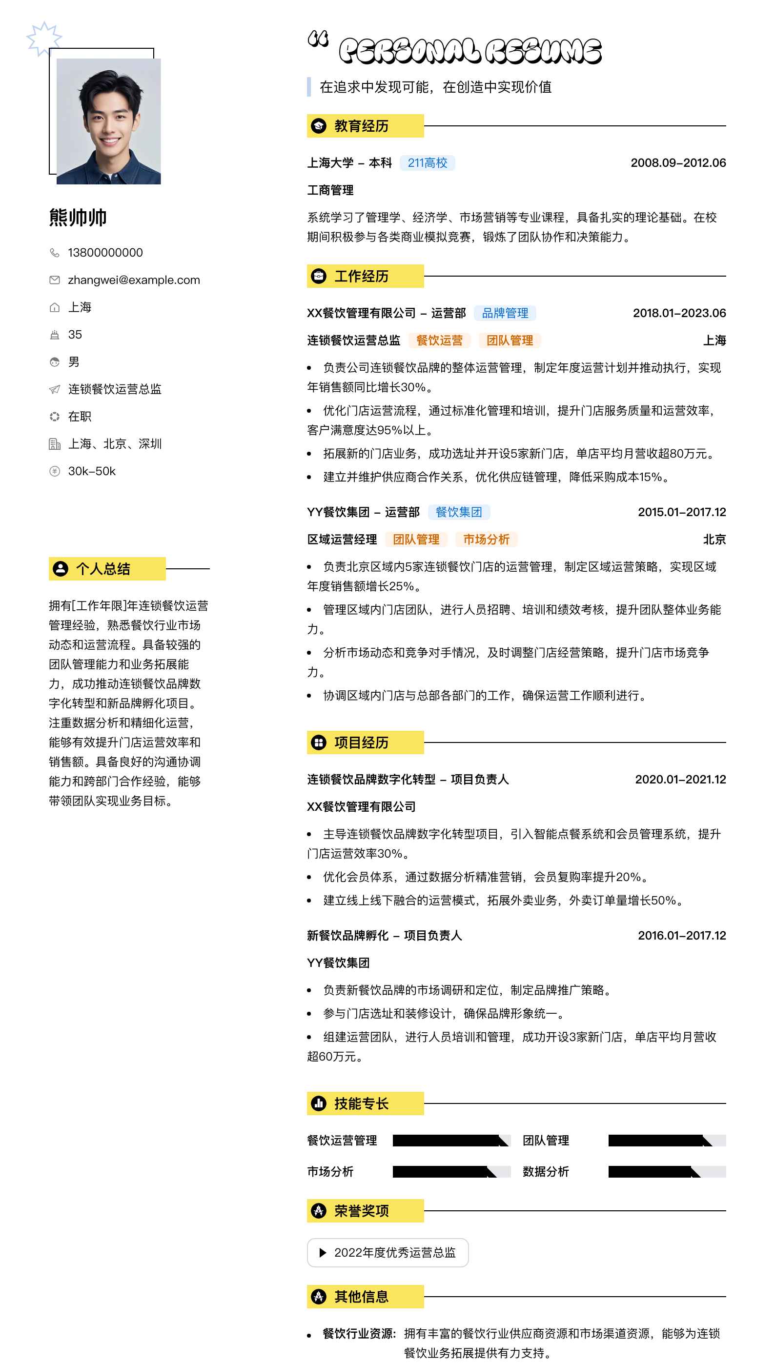 连锁餐饮运营总监简历模板