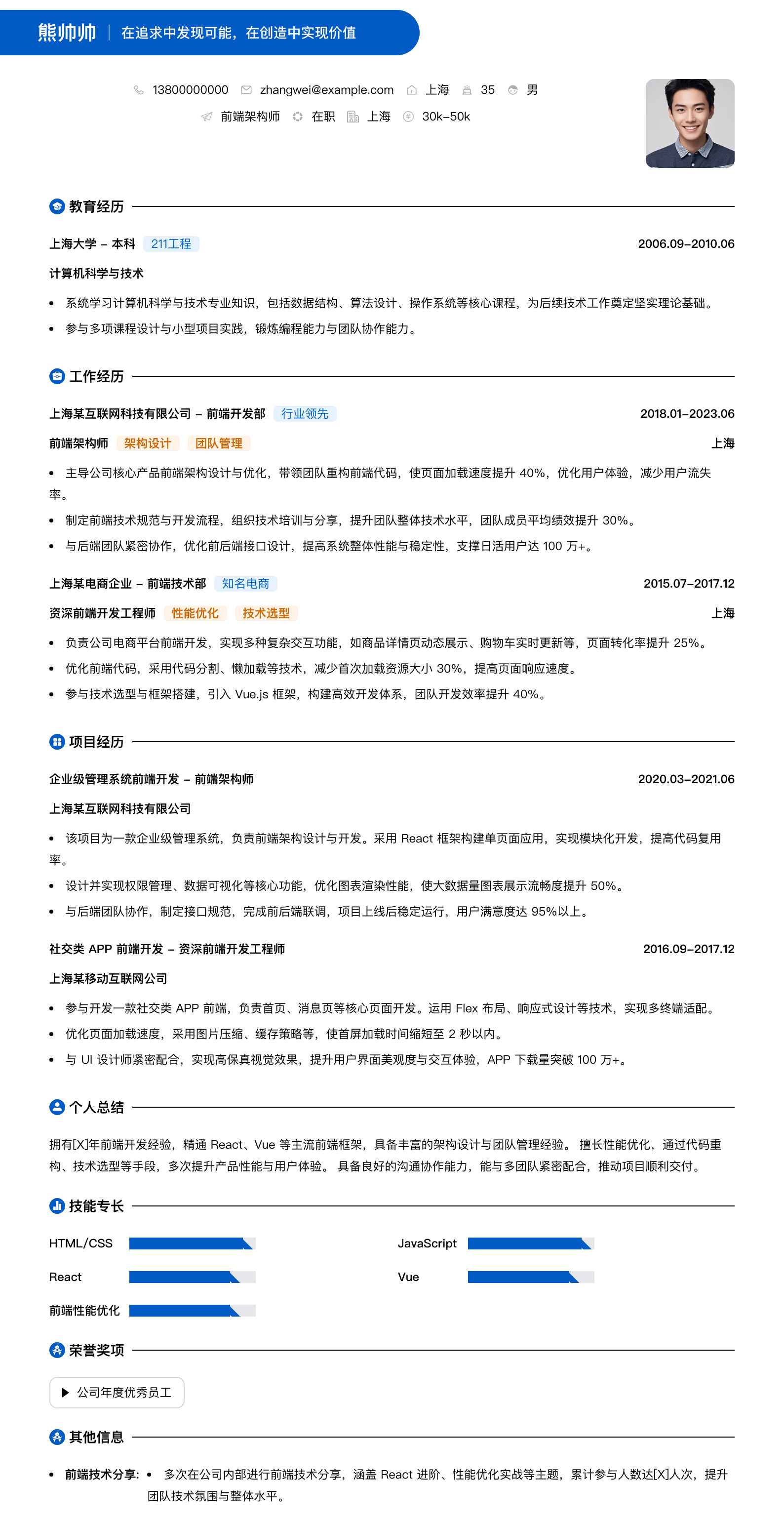 前端架构师简历模板