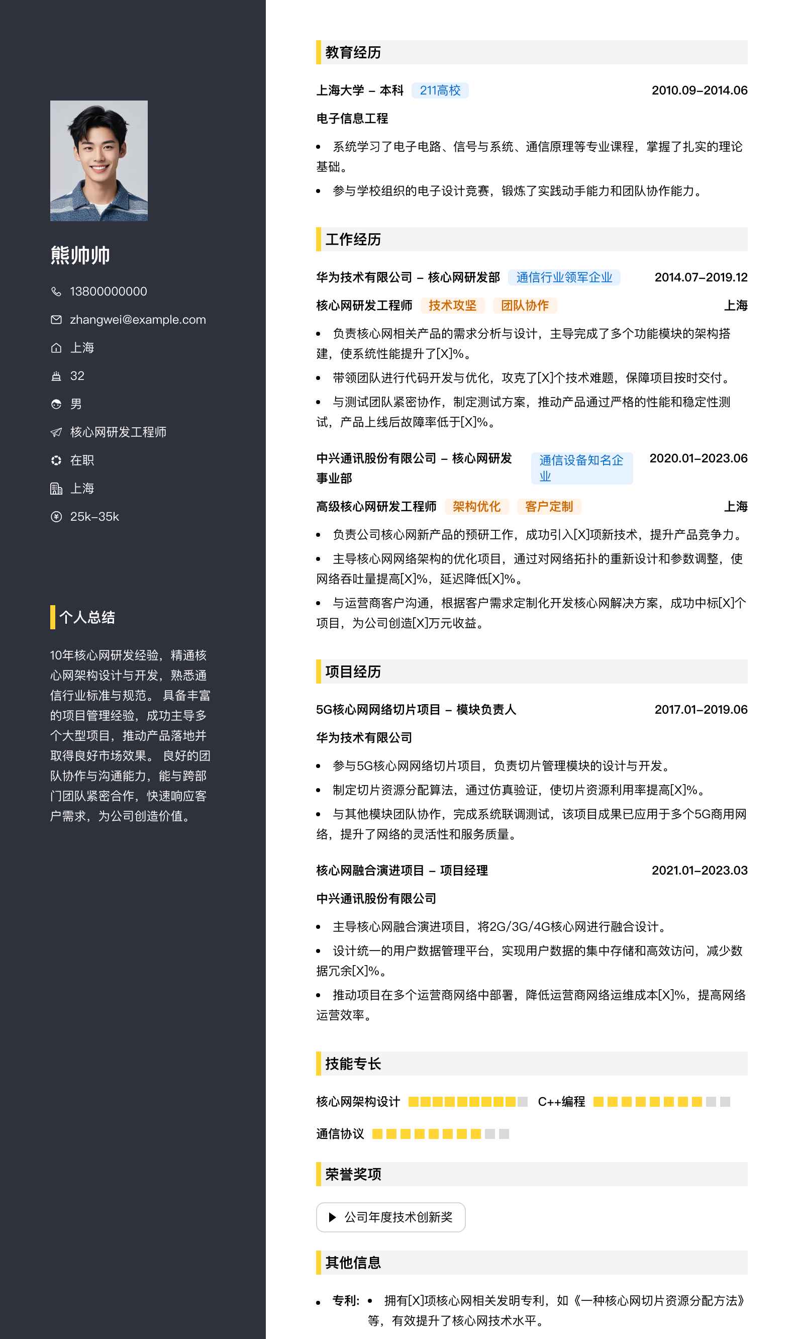 核心网研发工程师简历模板